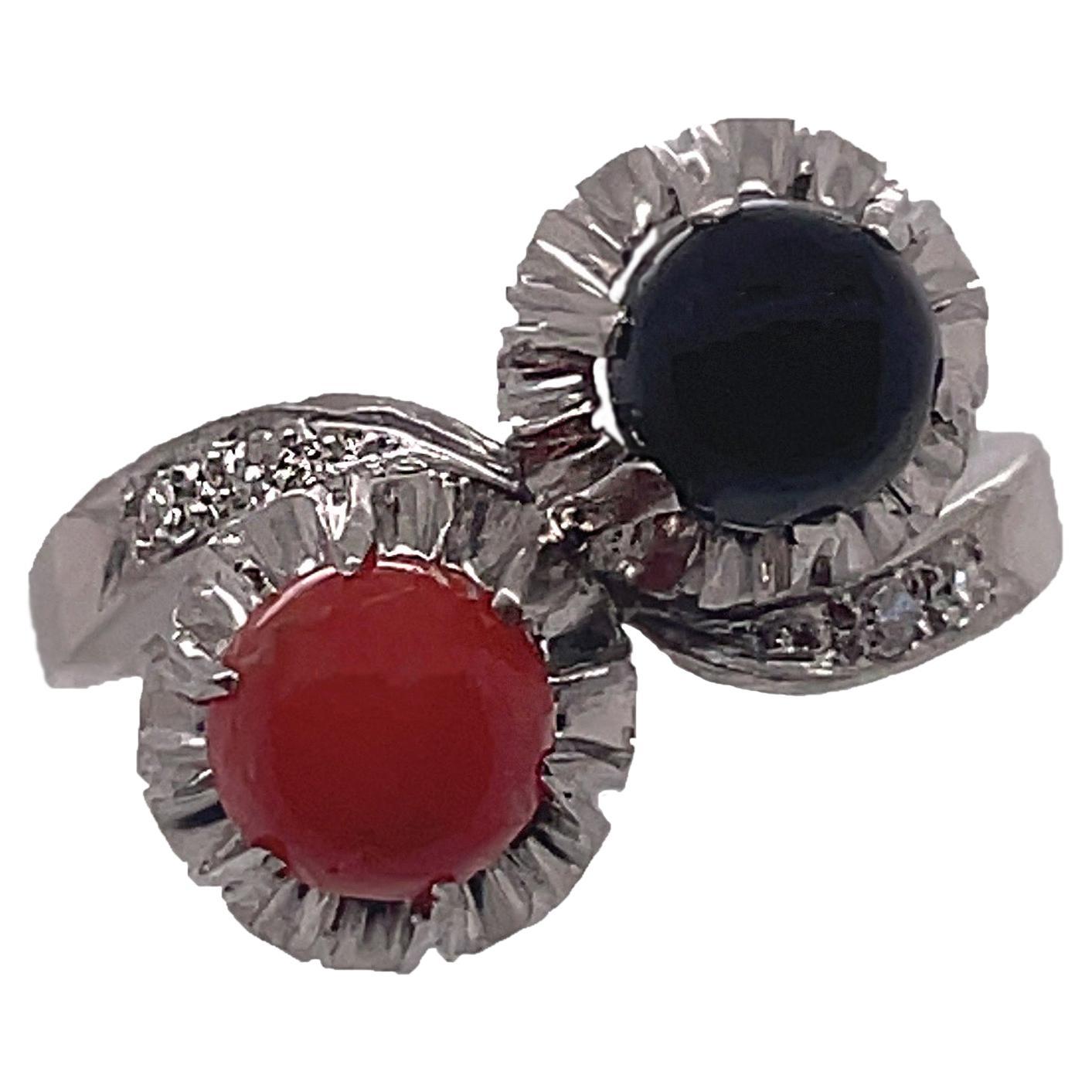 1925 Art Deco Platinum Red Coral & Black Jade Diamond Ring, Love and Pain For Sale