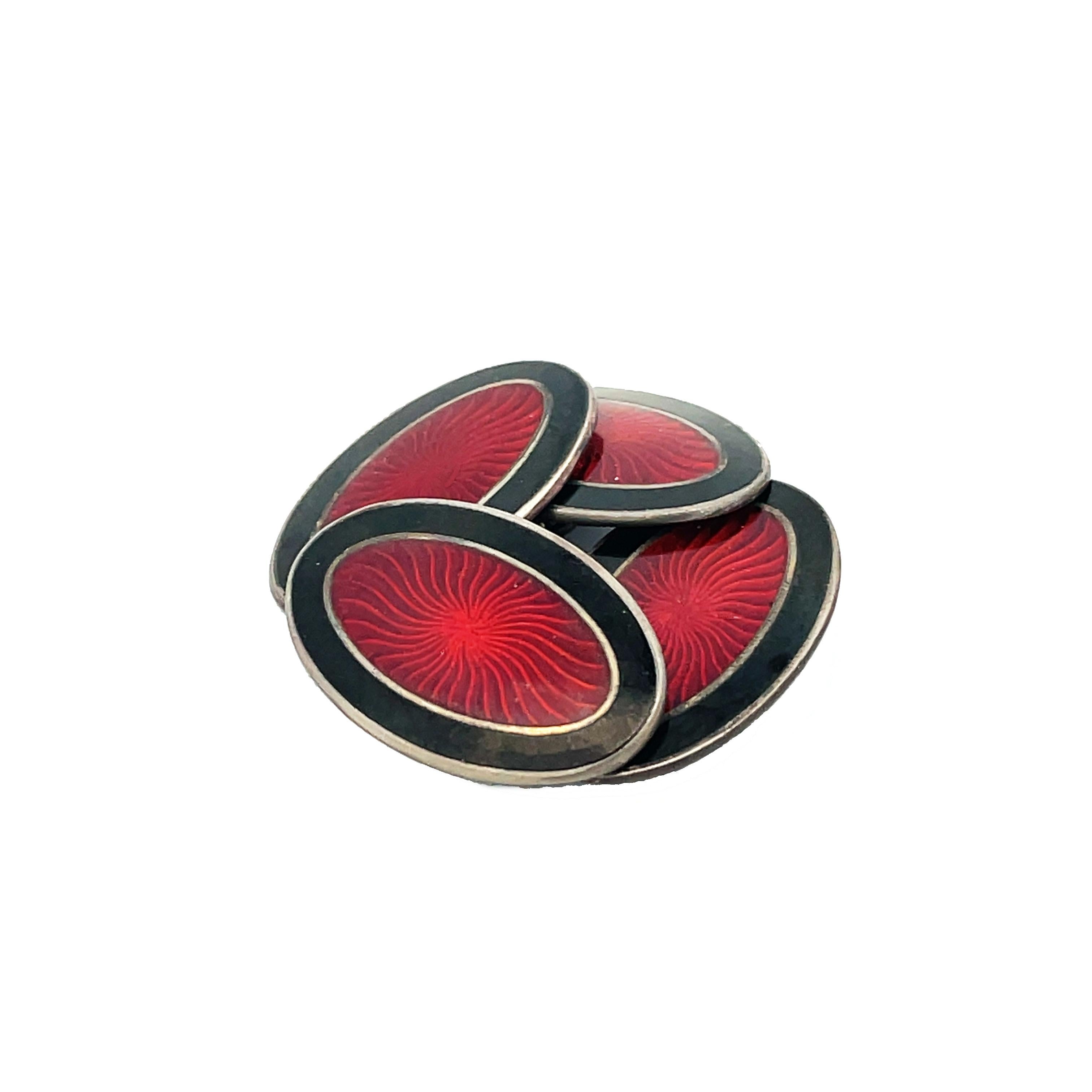 1925 Art Deco Red and Black Enamel Sterling Silver Cufflinks For Sale 1