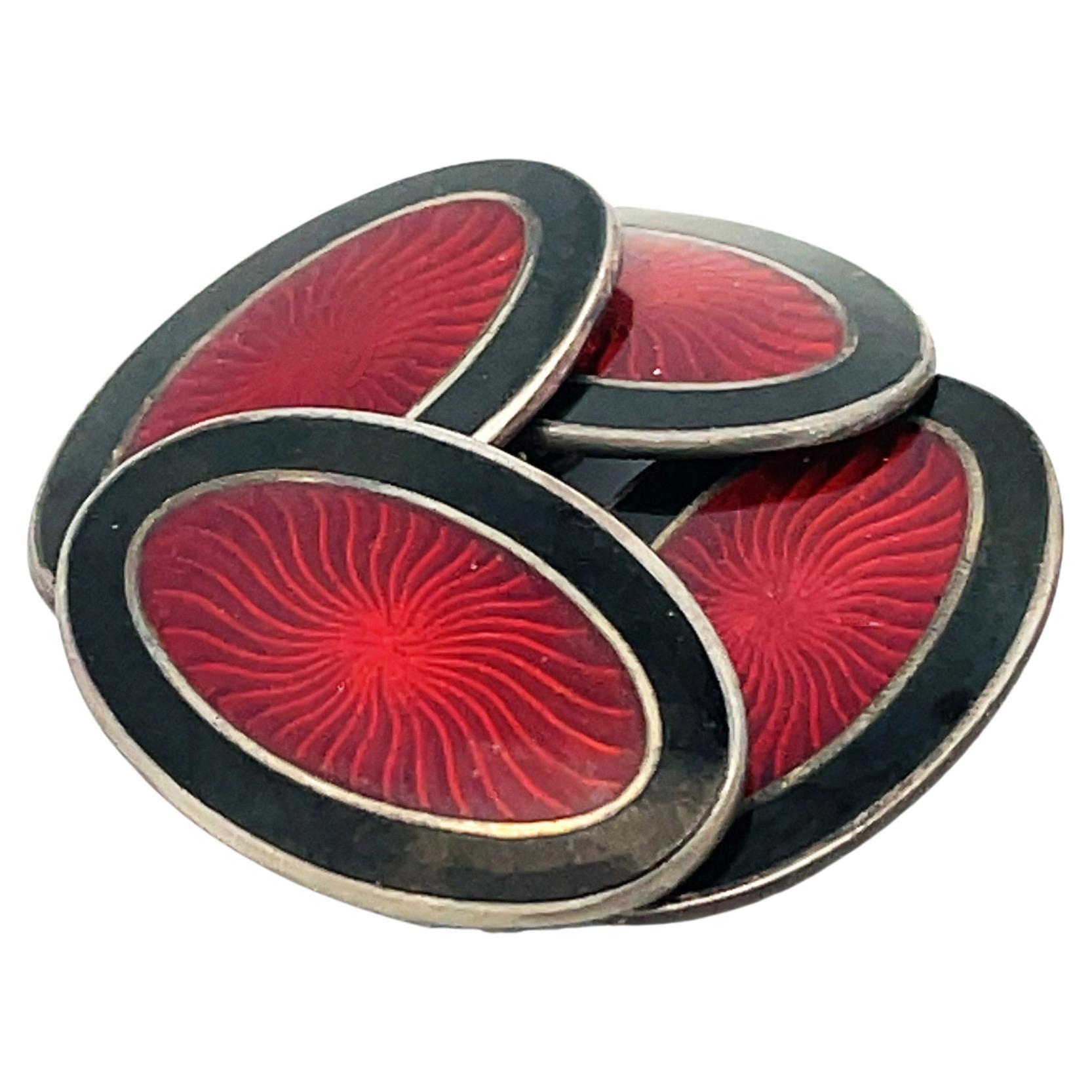 Art Deco Manschettenknöpfe aus roter und schwarzer Emaille und Sterlingsilber