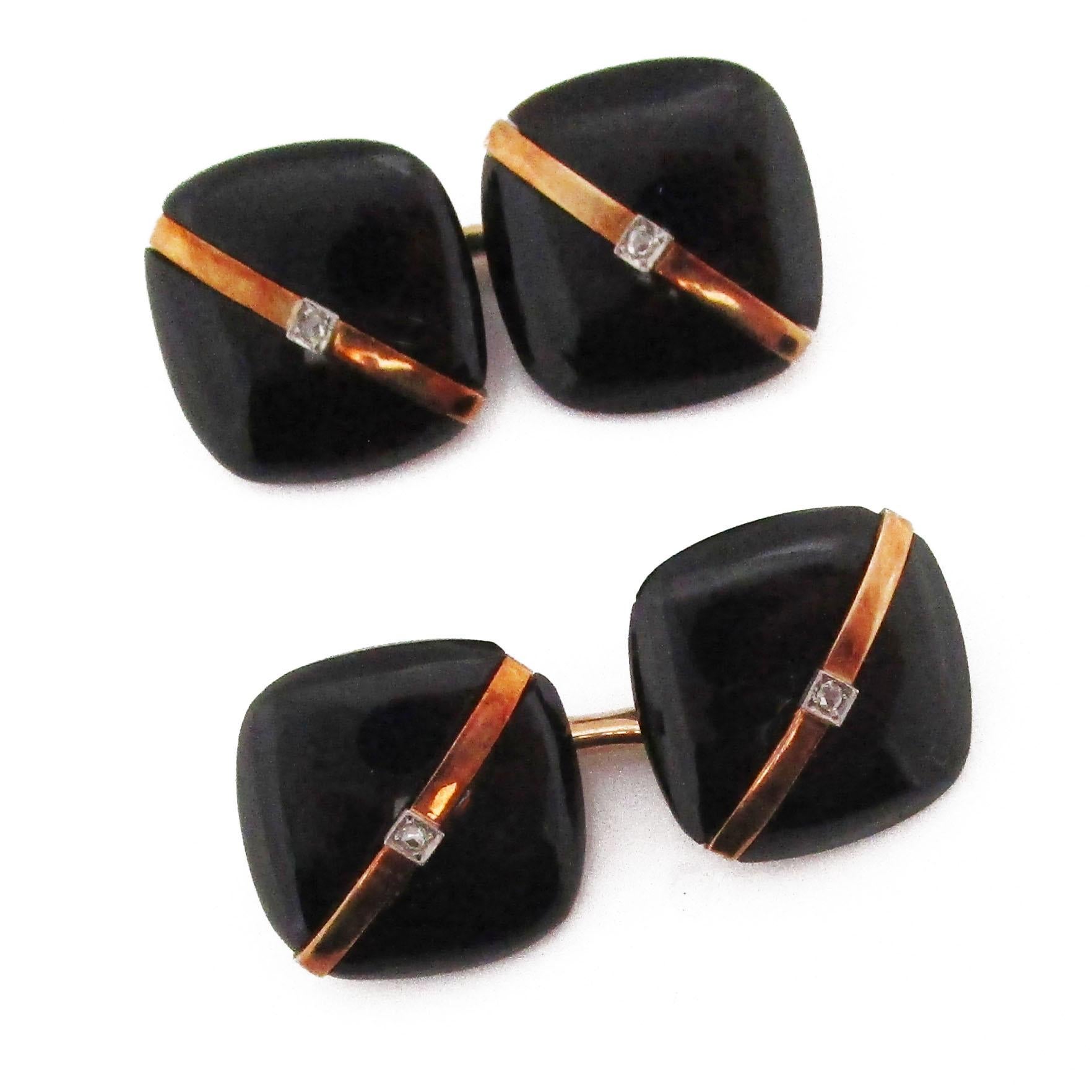 1925 Art Deco Rose Cut Diamonds Onyx 14 Karat Rose Gold Cufflinks For Sale 1