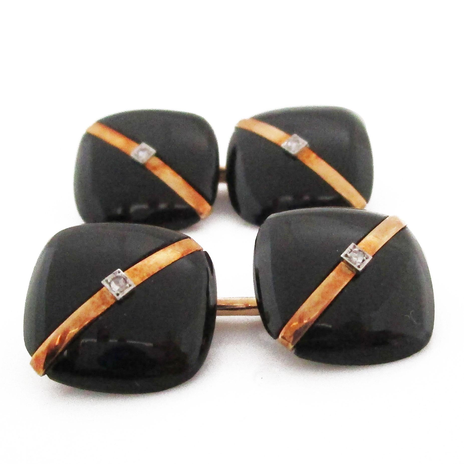 1925 Art Deco Rose Cut Diamonds Onyx 14 Karat Rose Gold Cufflinks For Sale 2