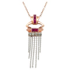 1925 Art Deco Rose Gold & Platinum Ruby and Diamond Necklace