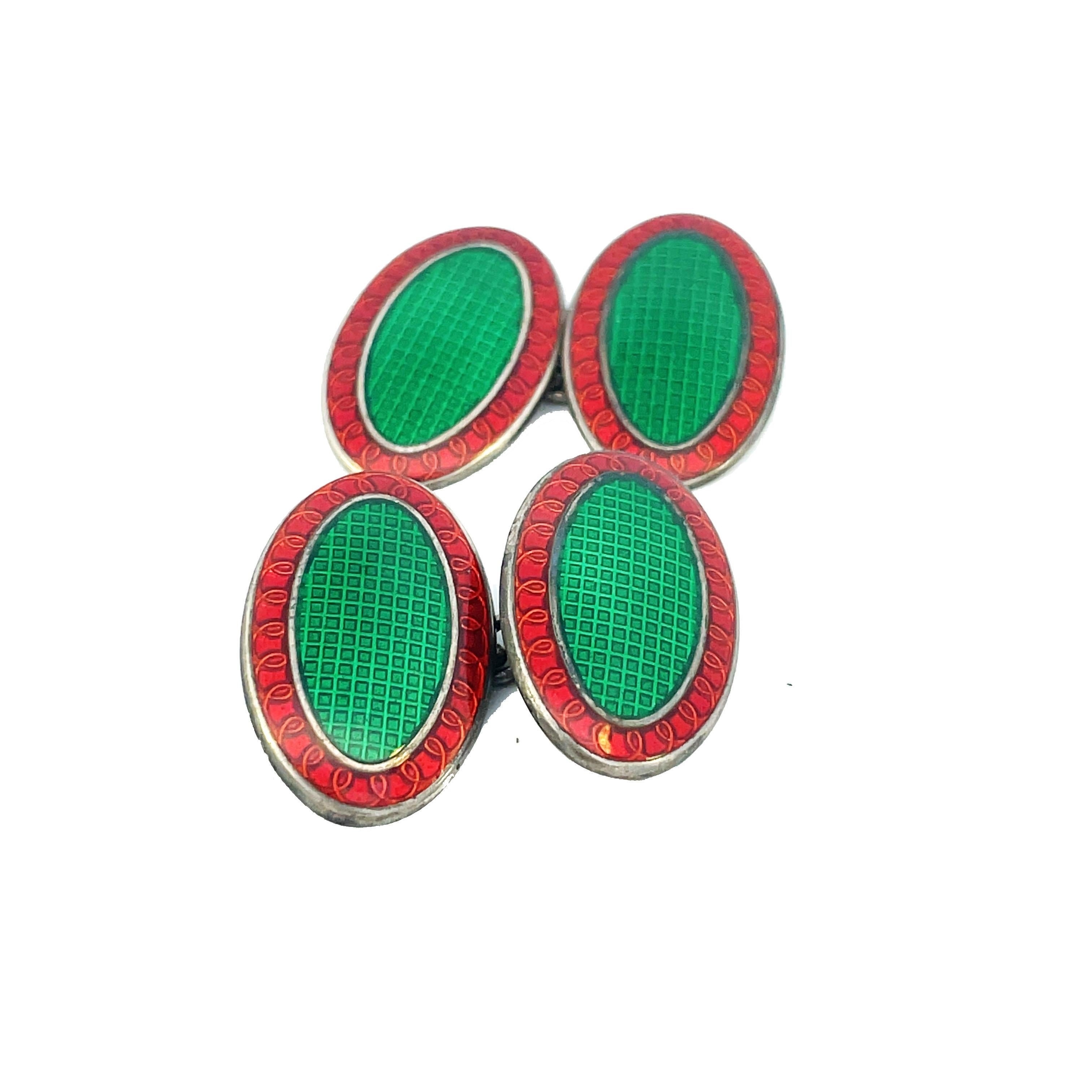 Men's 1925, Art Deco Sterling Silver Green and Red Enamel Cufflinks For Sale