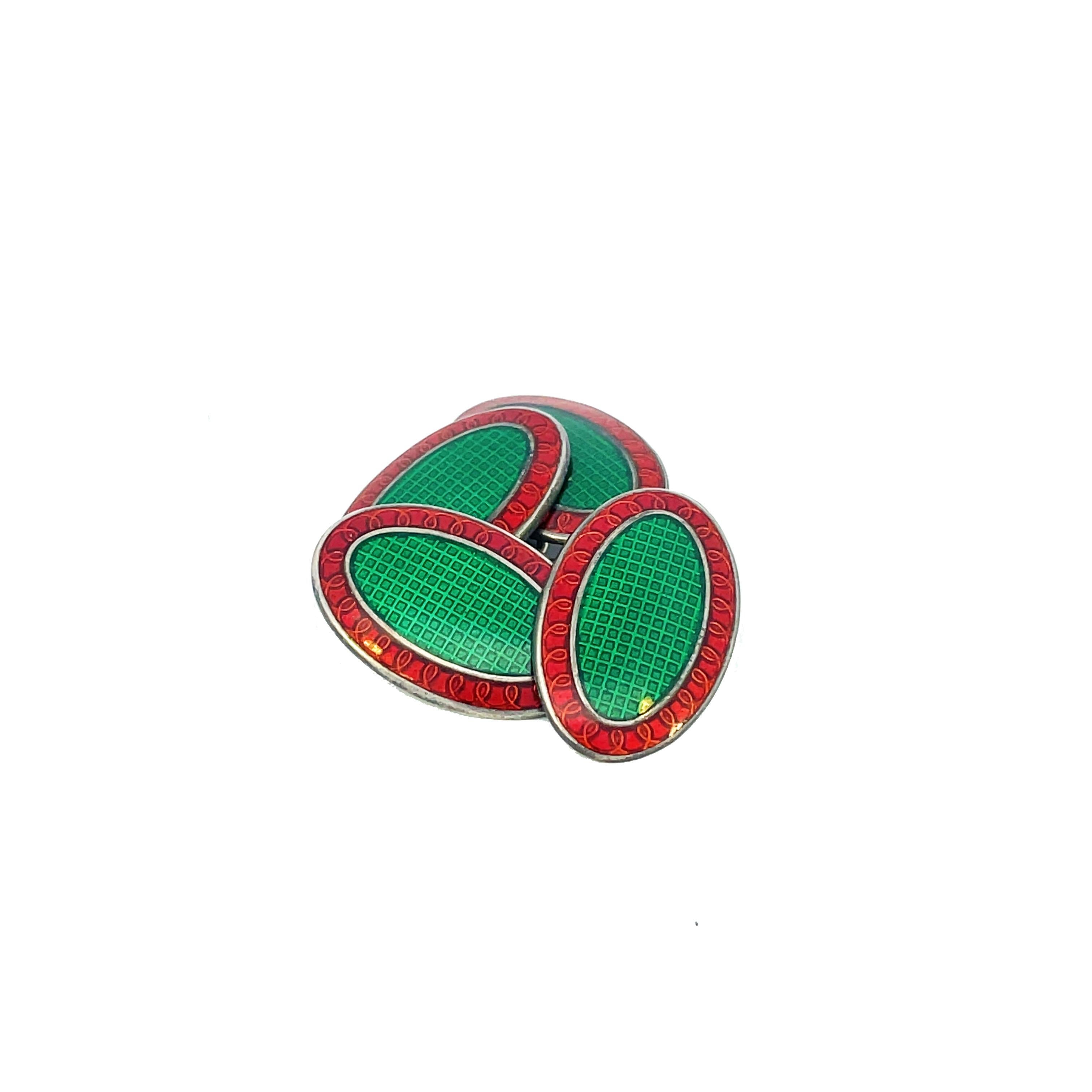 1925, Art Deco Sterling Silver Green and Red Enamel Cufflinks For Sale 2