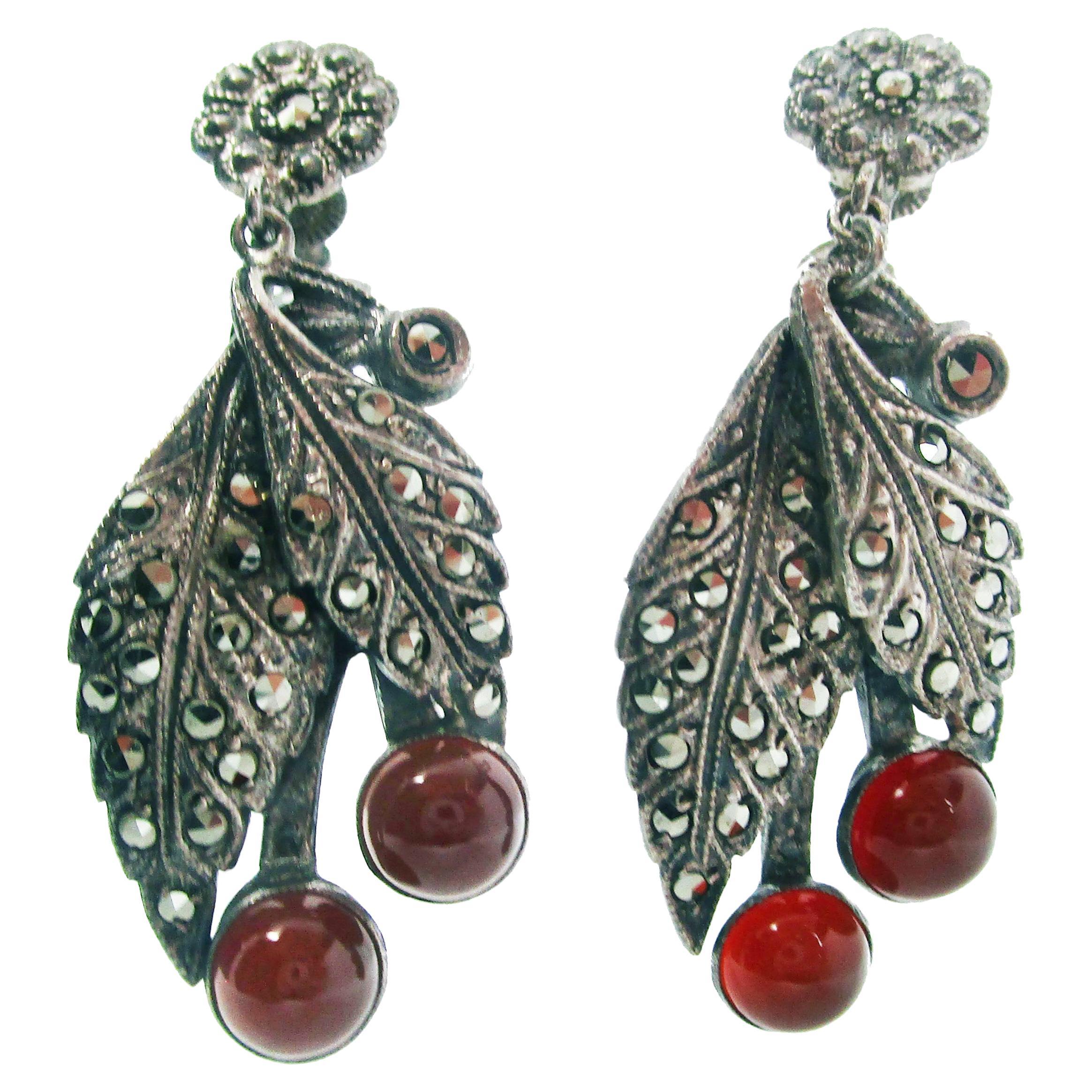 1925 Art Deco Sterling Silver Marcasite and Carnelian Cherry Earrings For Sale