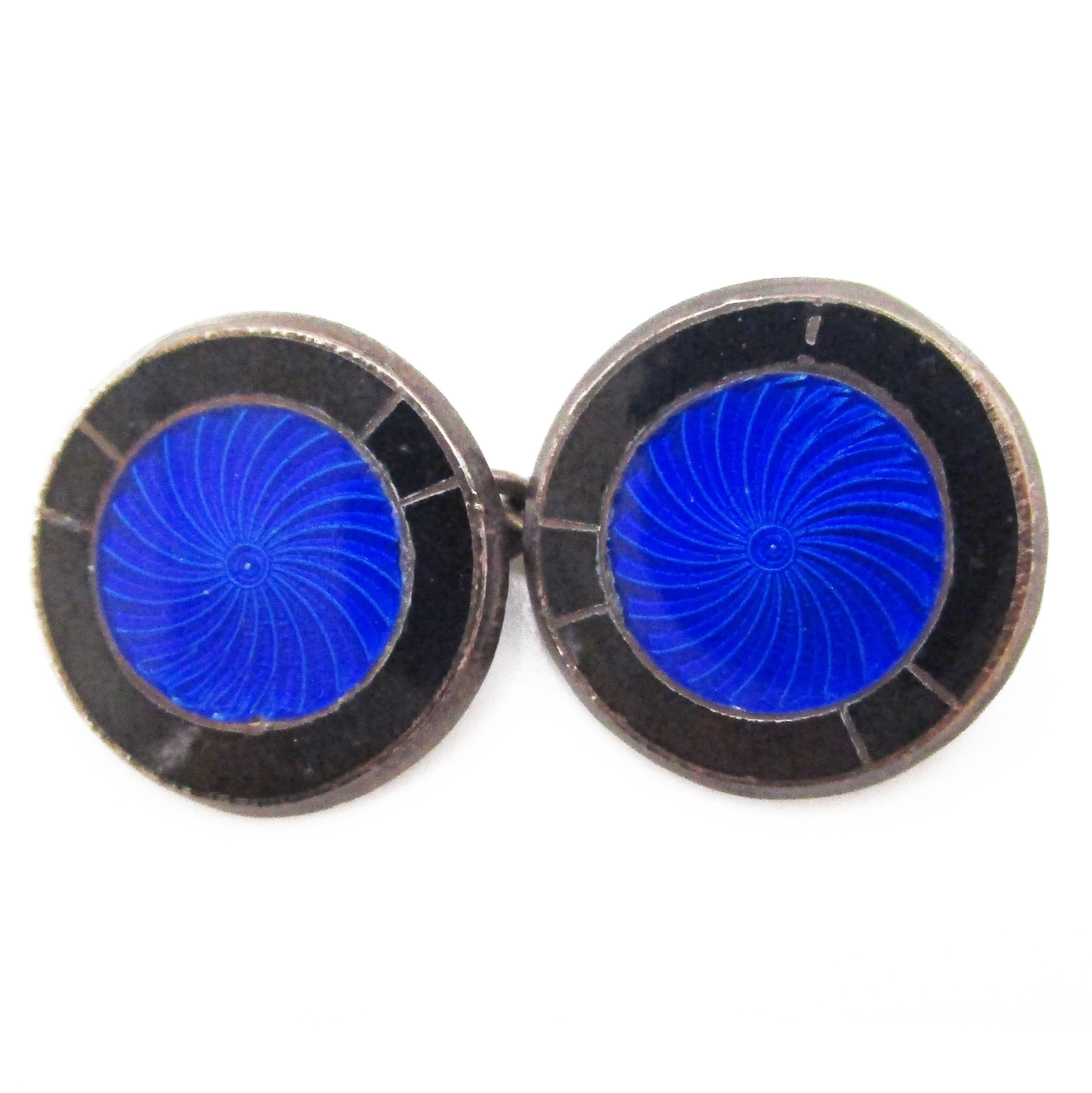 1925 Sterling Silver Art Deco Royal Blue Enamel Cufflinks In Good Condition In Lexington, KY