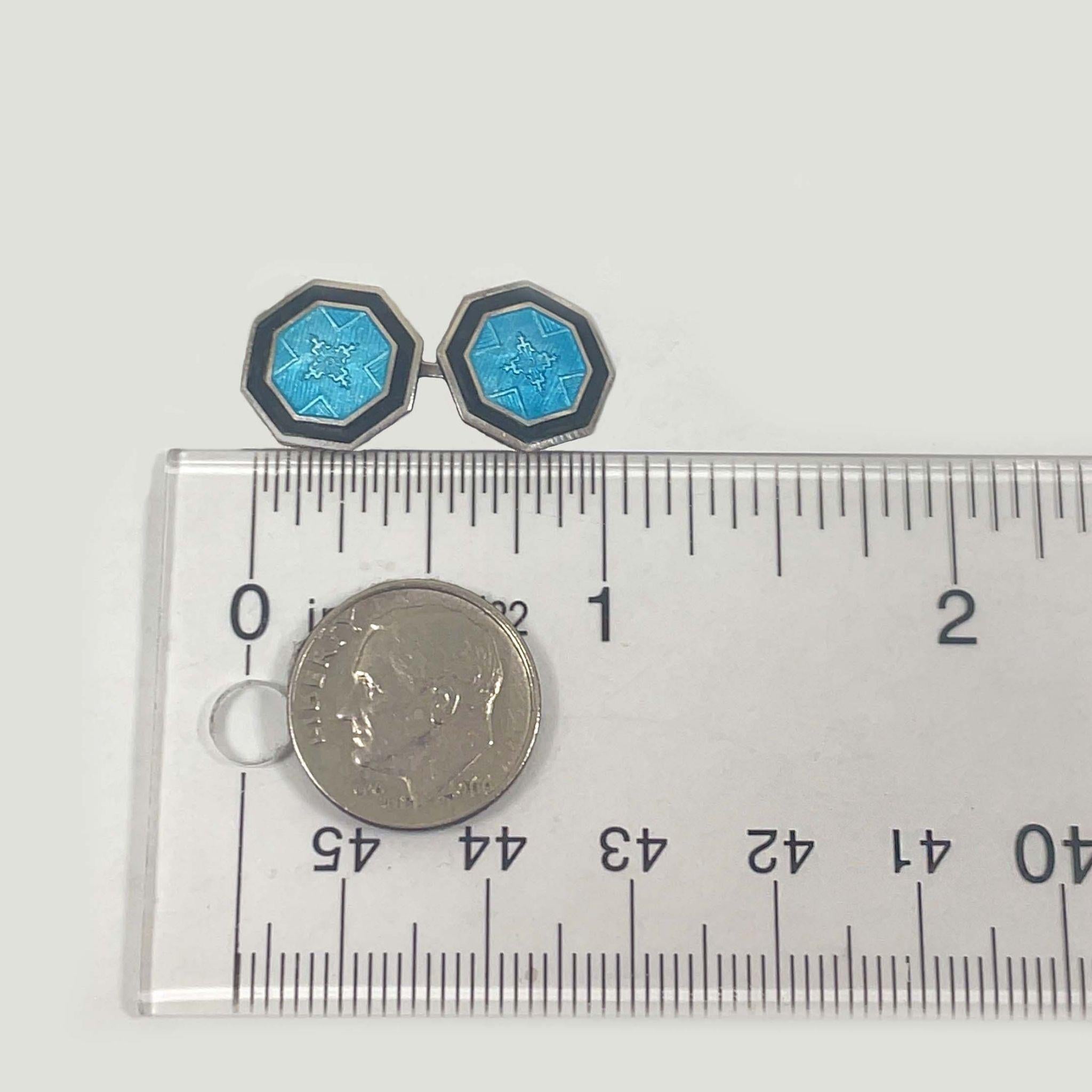 1925 Art Deco Sterling Silver Sky Blue & Black Enamel Cufflinks 1