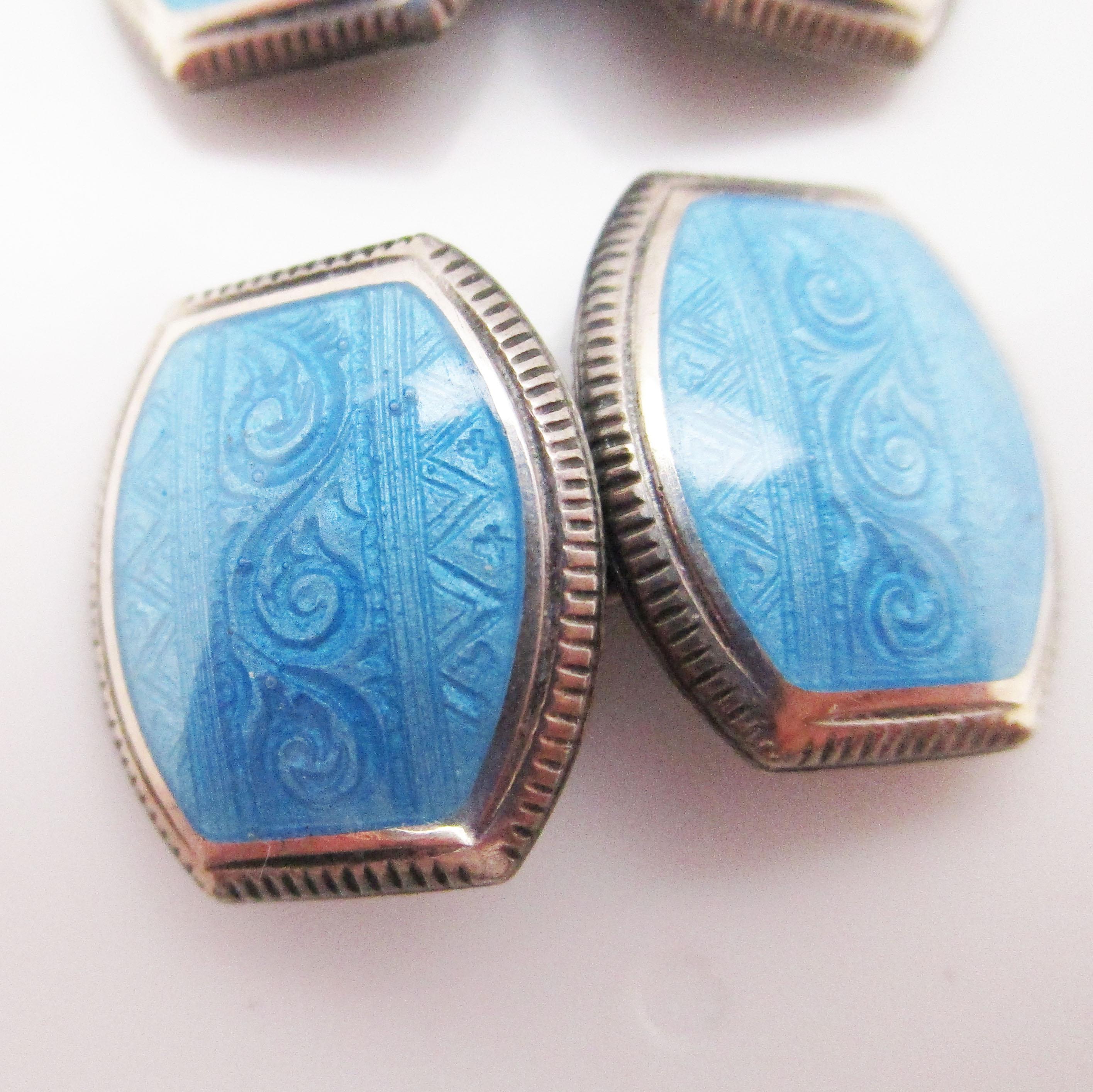 1925 Art Deco Sterling Silver Sky Blue Enamel Cufflinks In Excellent Condition In Lexington, KY