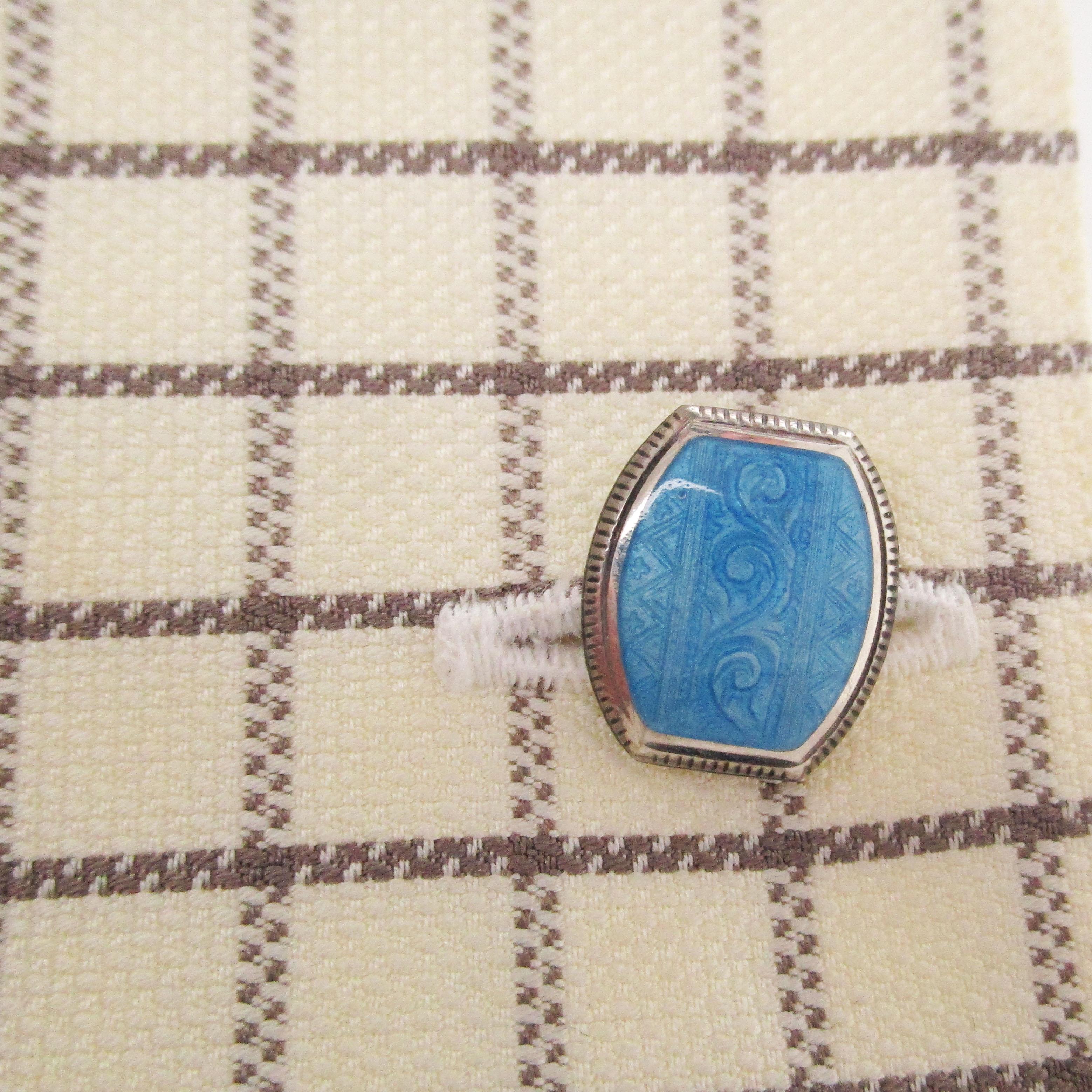 1925 Art Deco Sterling Silver Sky Blue Enamel Cufflinks 4