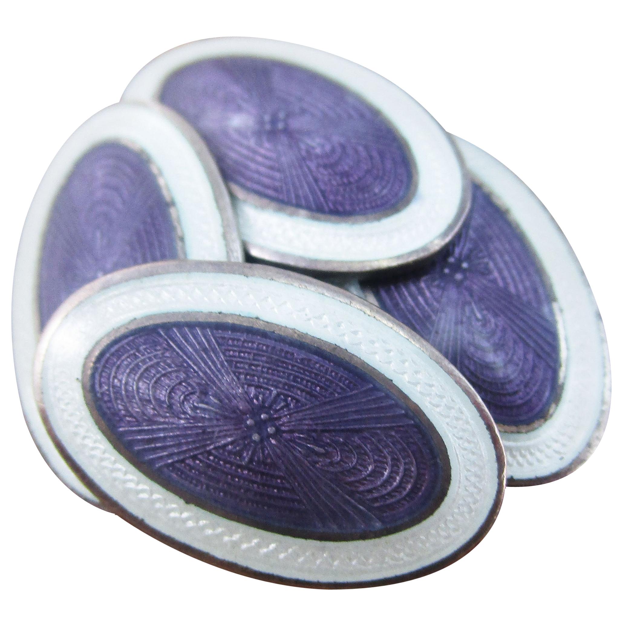 1925 Art Deco Sterling Silver White and Purple Guilloche Enamel Cufflinks