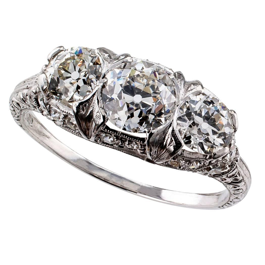 1925 Art Deco Three-Stone Old European Cut Diamond Platinum Ring