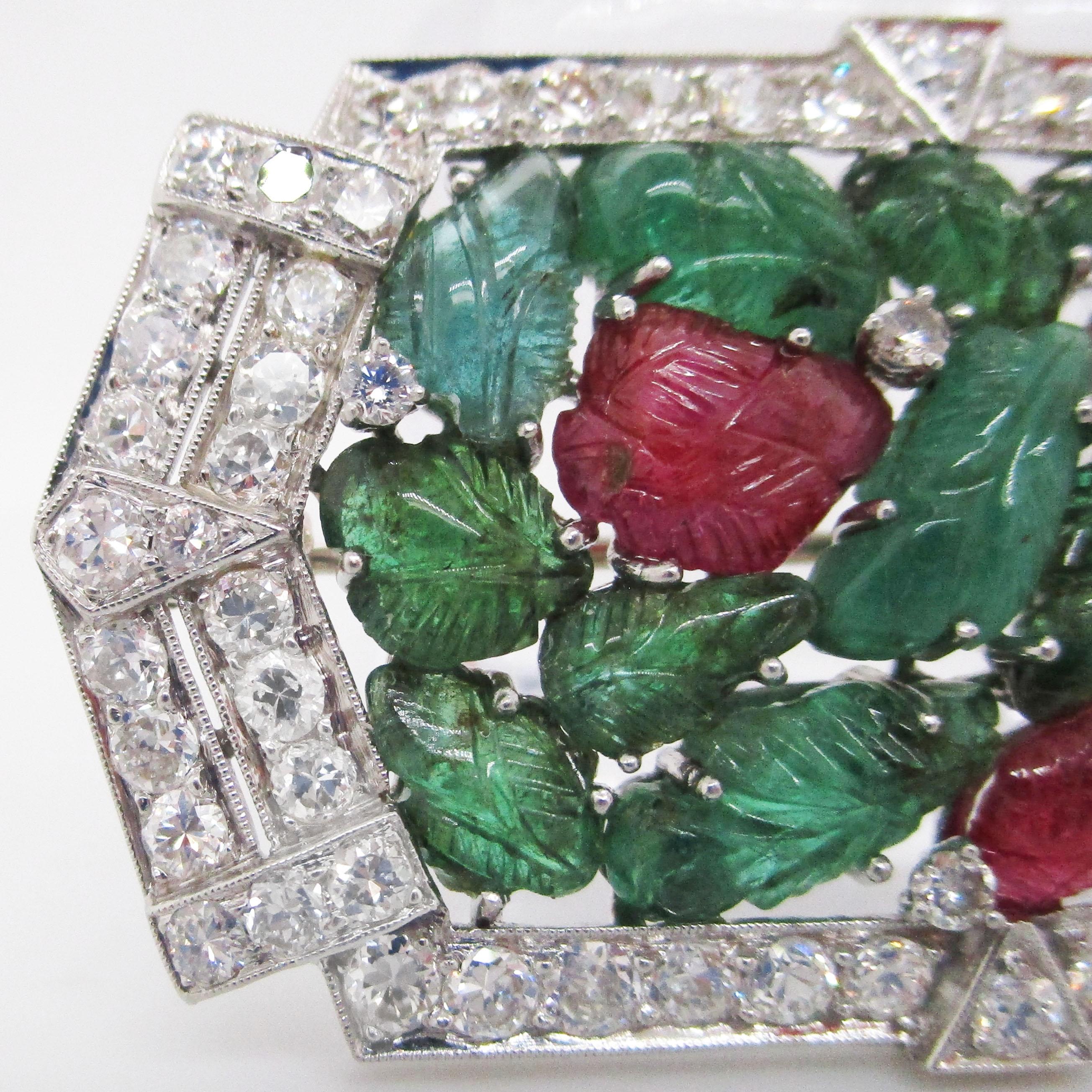Uncut 1925 Art Deco Tutti Frutti Carved Emerald, Ruby and Diamond Platinum Brooch
