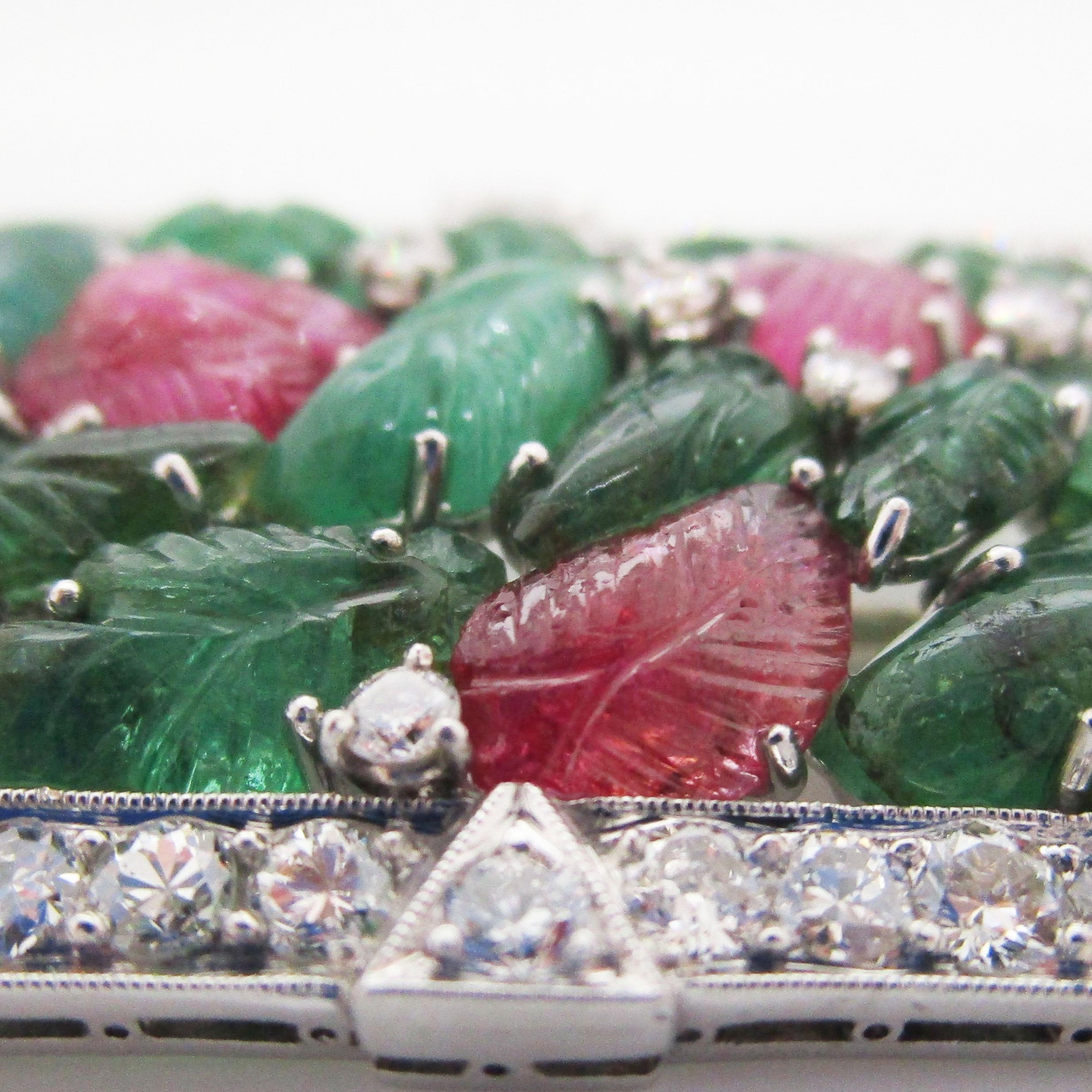 1925 Art Deco Tutti Frutti Carved Emerald, Ruby and Diamond Platinum Brooch 1