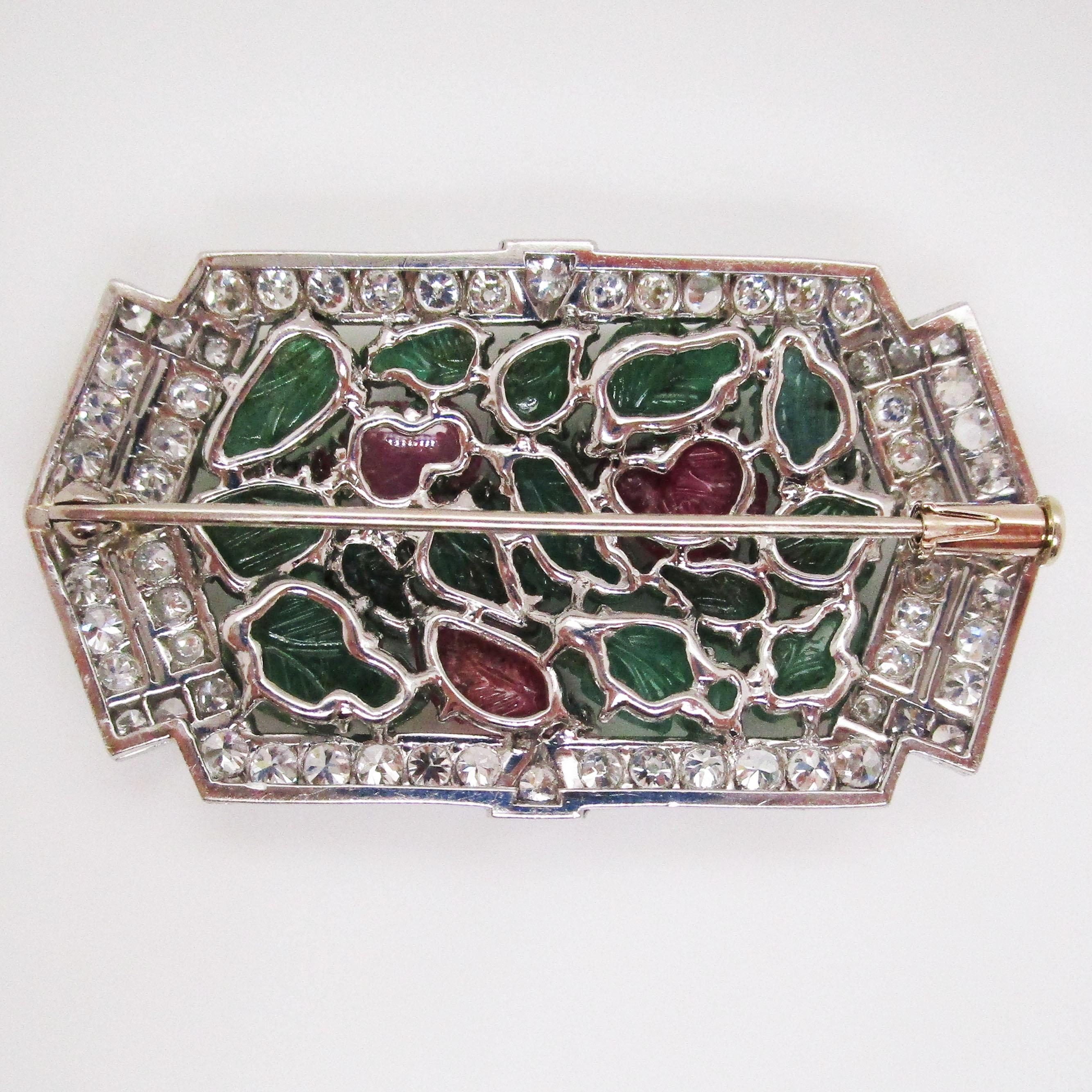 1925 Art Deco Tutti Frutti Carved Emerald, Ruby and Diamond Platinum Brooch 3