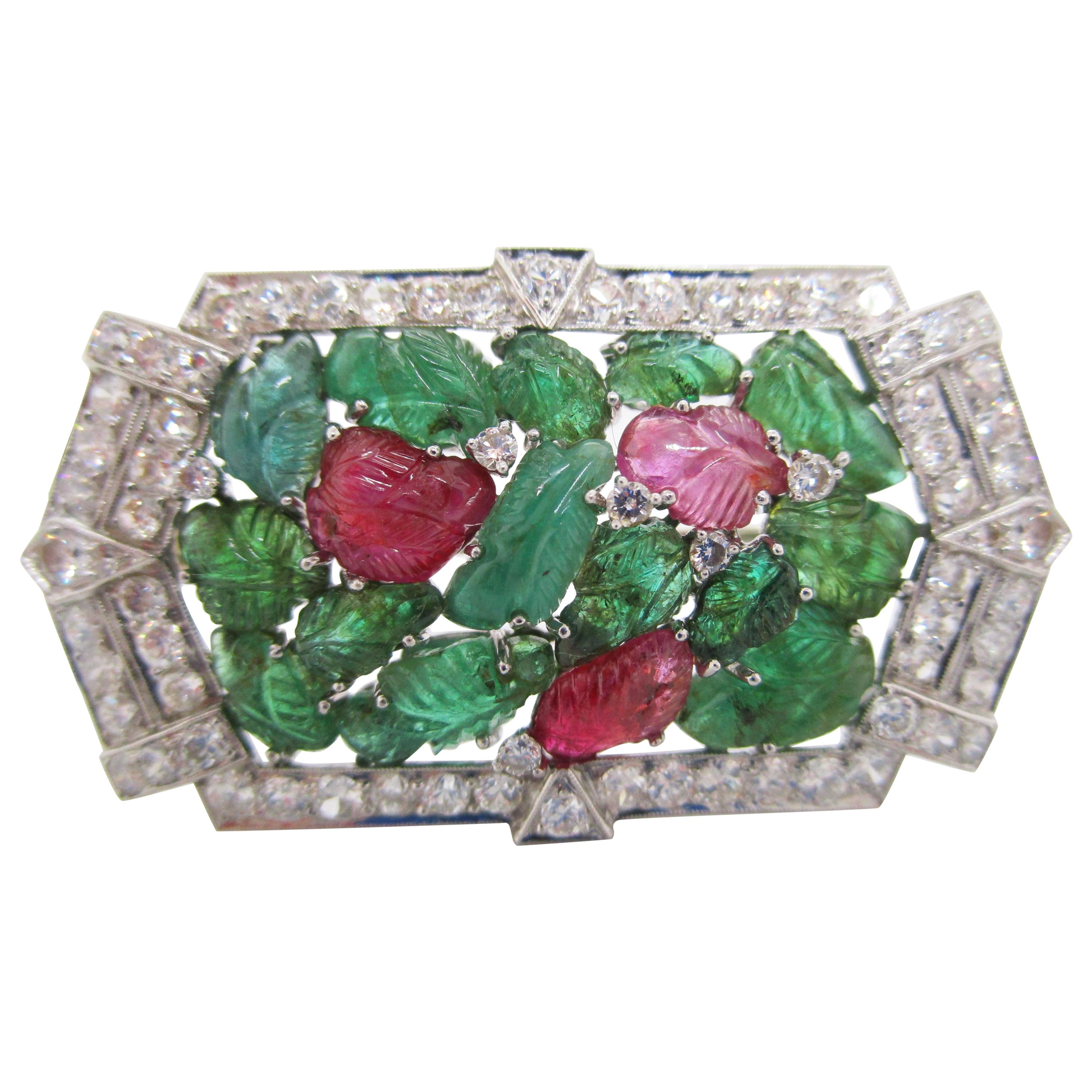 1925 Art Deco Tutti Frutti Carved Emerald, Ruby and Diamond Platinum Brooch