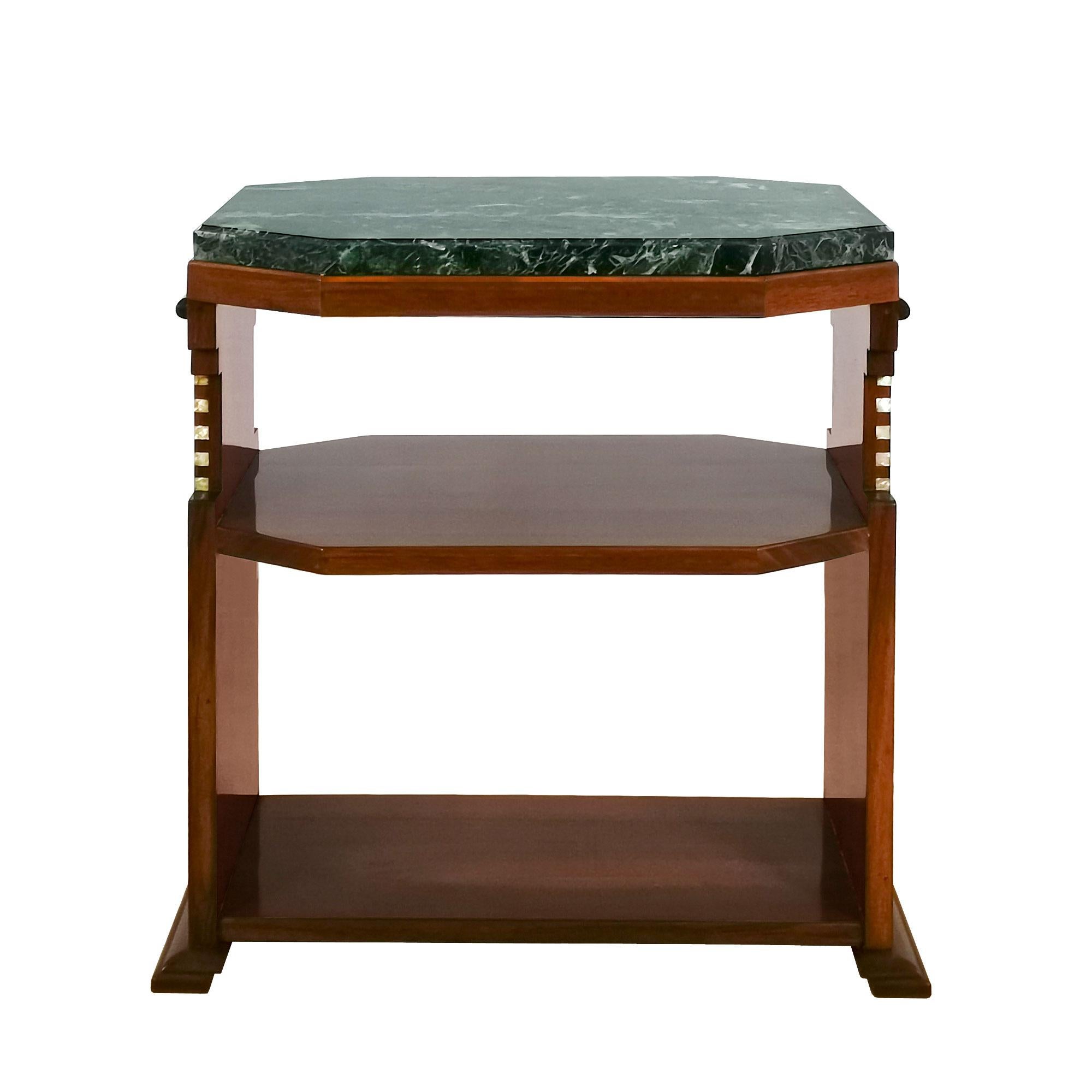 Cubist Art Deco side table, solid walnut and walnut veneer, ebony and false mother of pearl marquetry, French polish. Black, white and green beveled marble on top.

Belgium c. 1925.