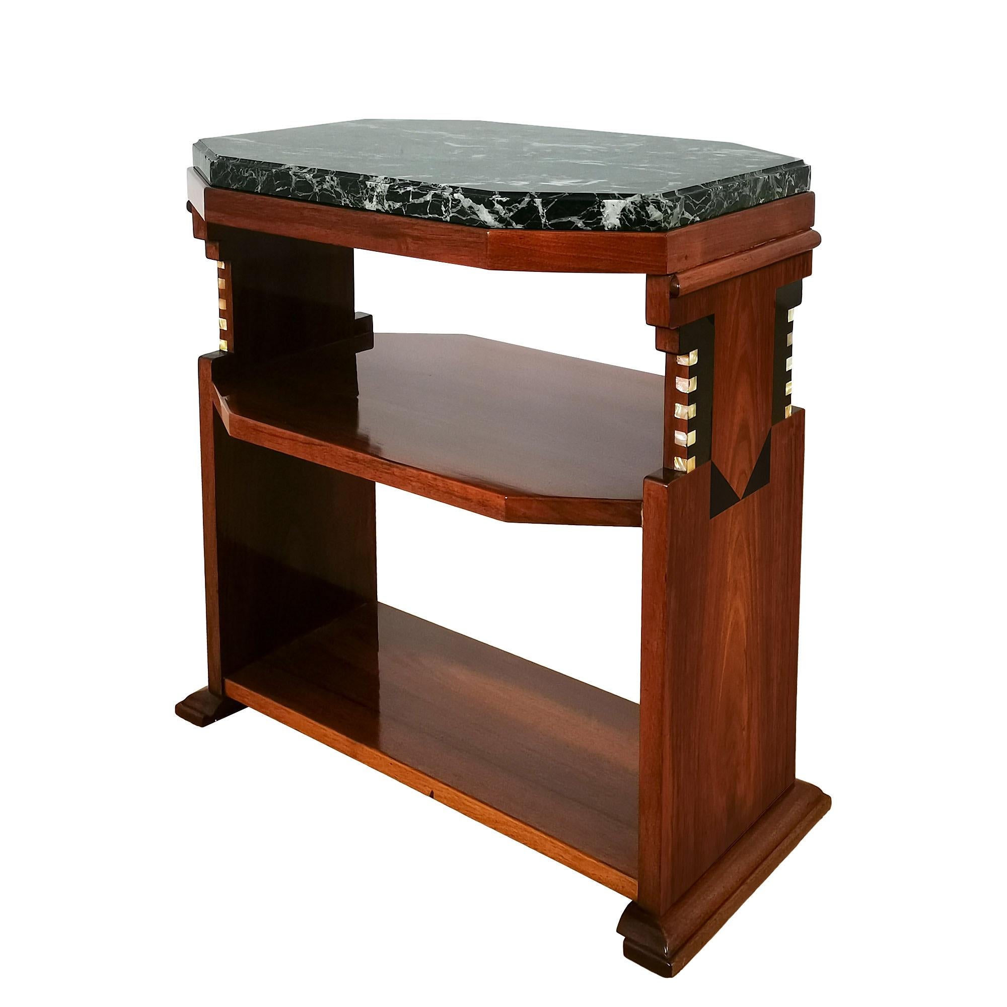 Belgian 1925 Cubist Art Deco Side Table in Solid Walnut and Marble on Top - Belgium For Sale