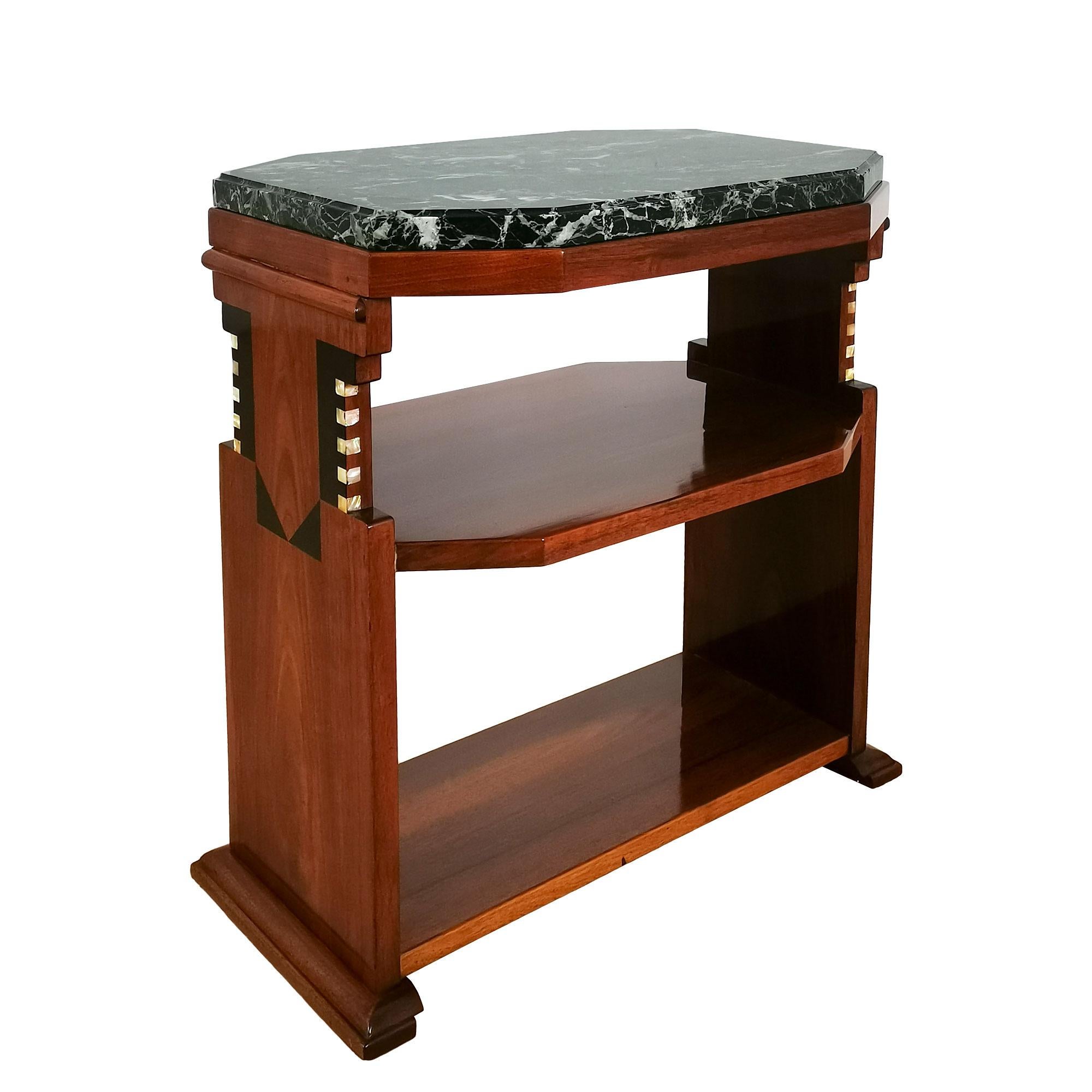 Early 20th Century 1925 Cubist Art Deco Side Table in Solid Walnut and Marble on Top - Belgium For Sale