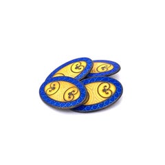 1925 Deco Royal Blue and Yellow Enamel Sterling Cufflinks signed Krementz