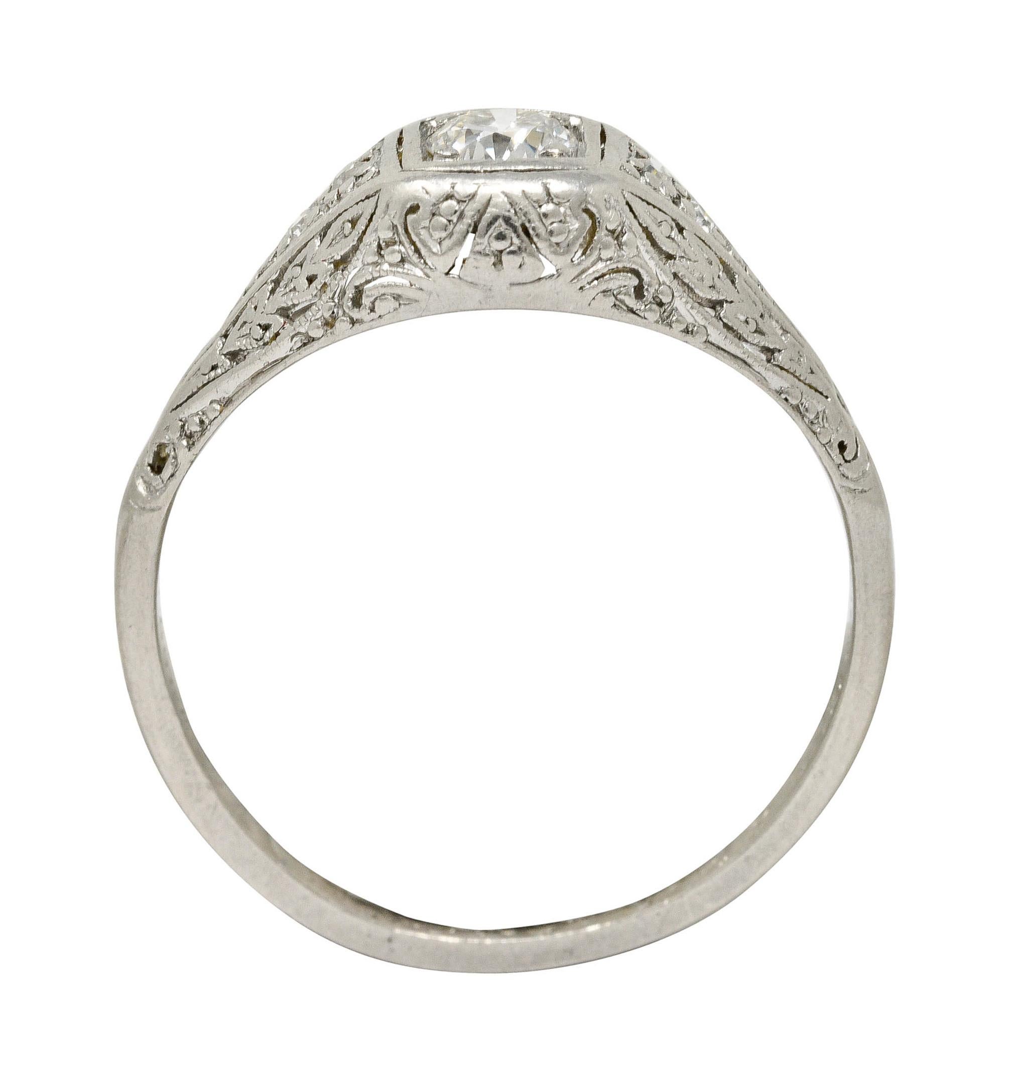 1925 Early Art Deco Old European Cut Diamond Platinum Foliate Engagement Ring 4