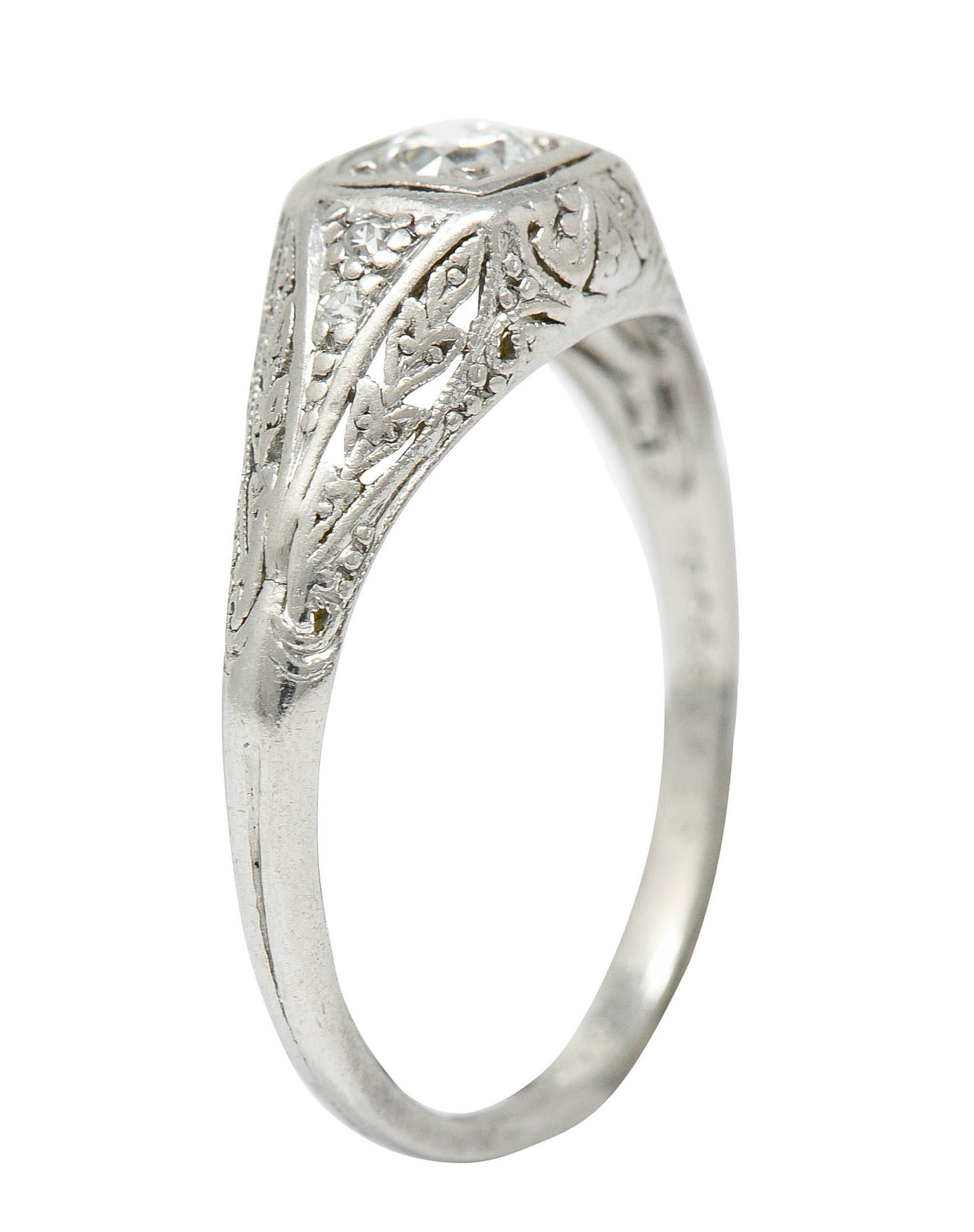 1925 Early Art Deco Old European Cut Diamond Platinum Foliate Engagement Ring 5