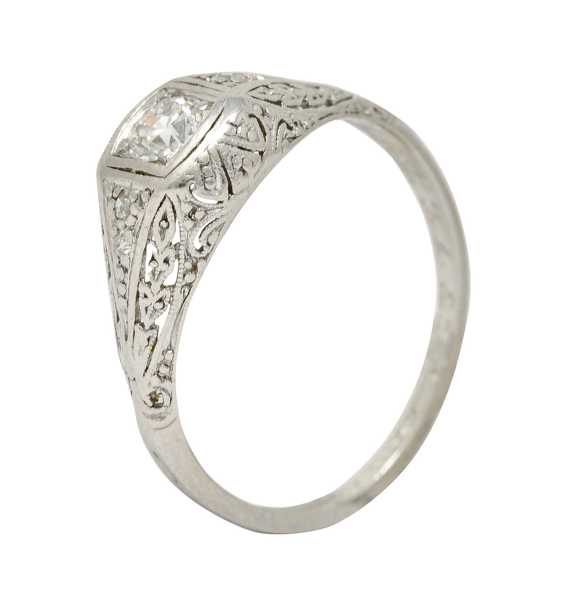 1925 Early Art Deco Old European Cut Diamond Platinum Foliate Engagement Ring 6