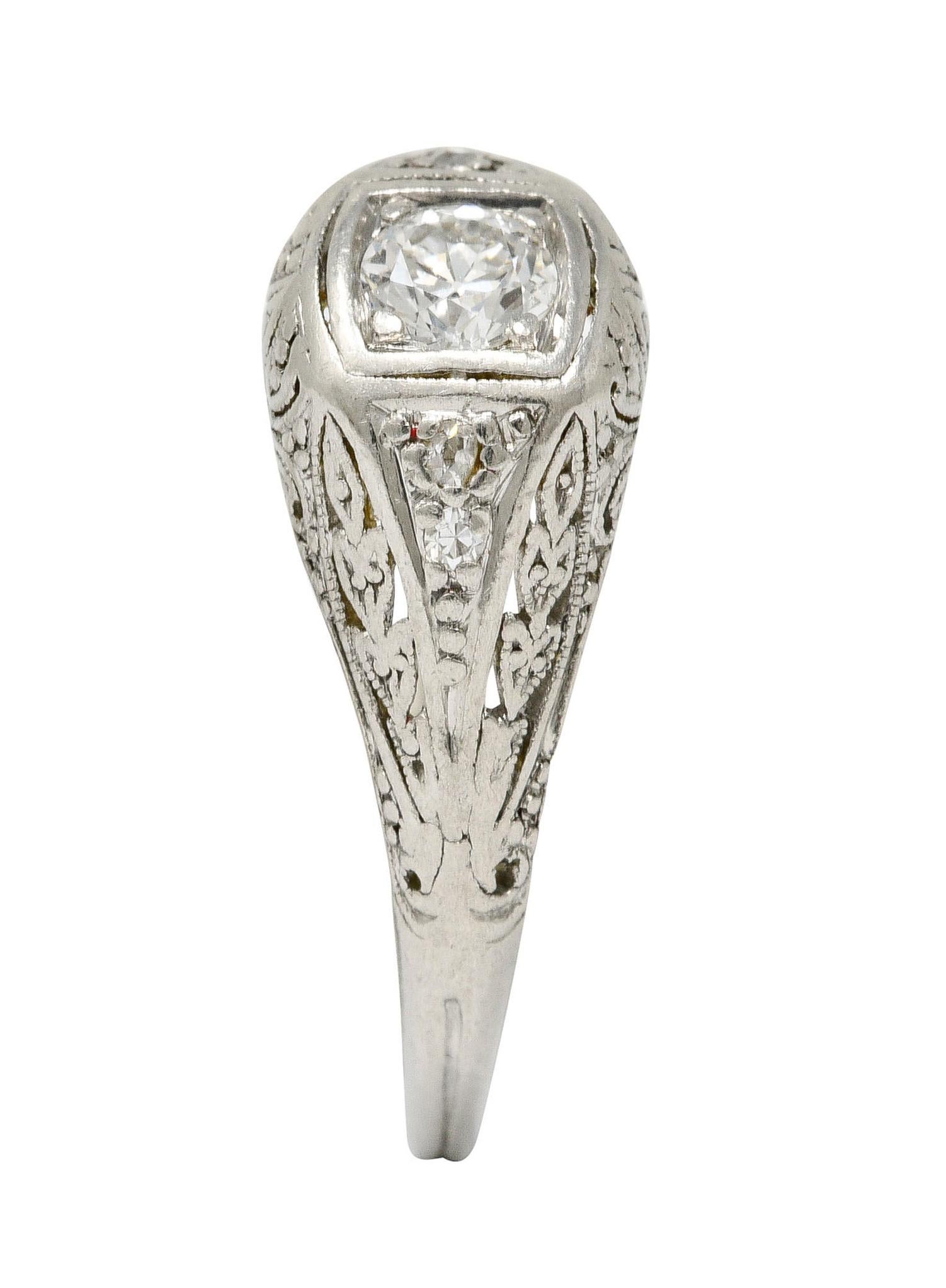 1925 Early Art Deco Old European Cut Diamond Platinum Foliate Engagement Ring 7