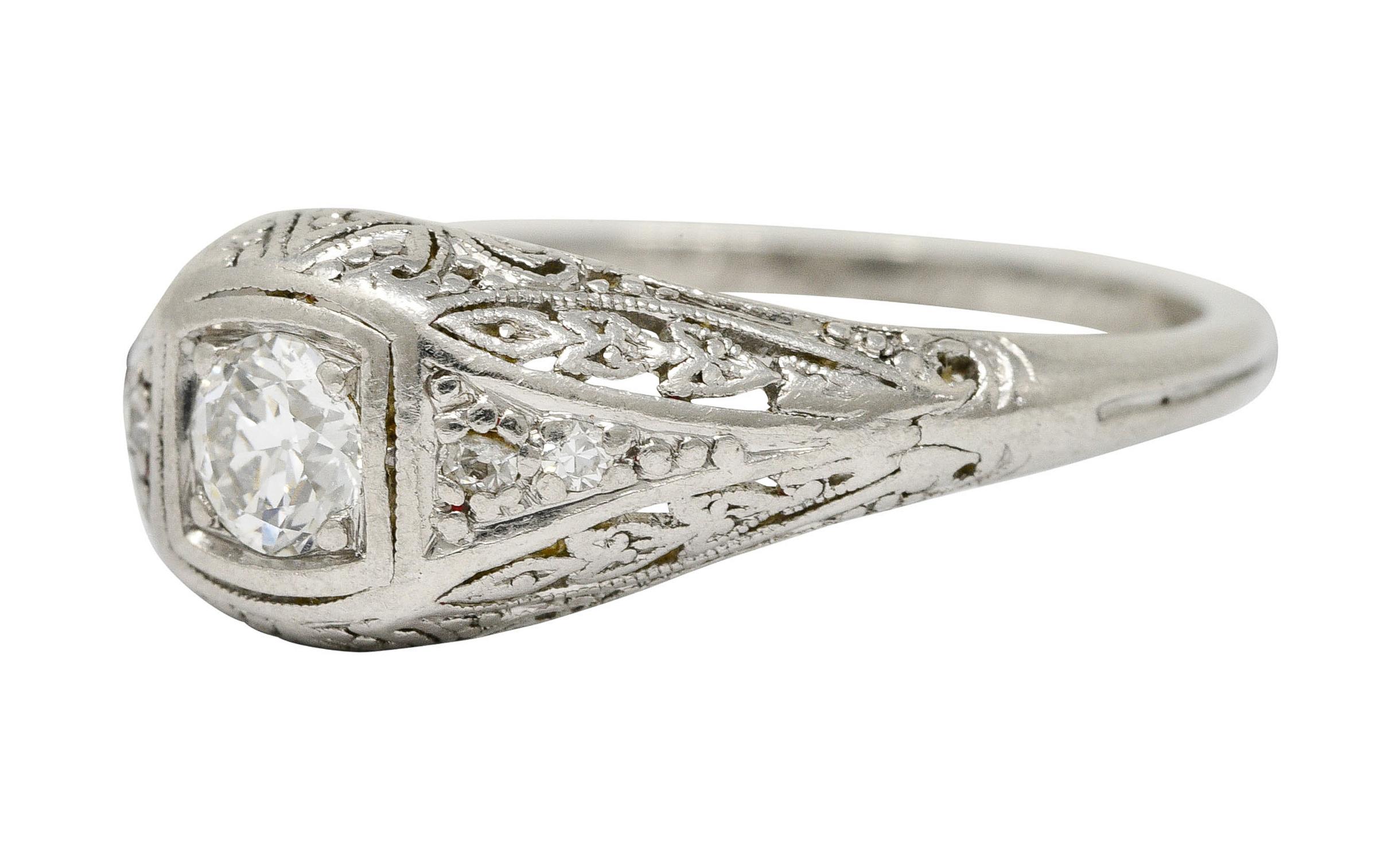 1925 Early Art Deco Old European Cut Diamond Platinum Foliate Engagement Ring In Excellent Condition In Philadelphia, PA