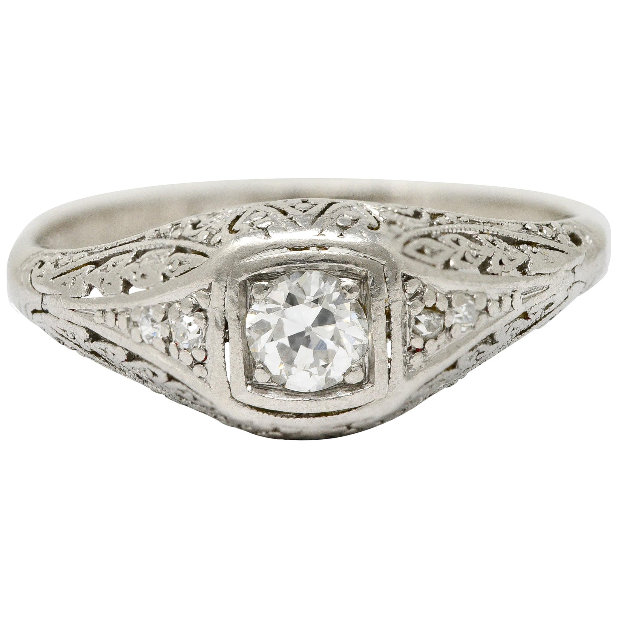 1925 Early Art Deco Old European Cut Diamond Platinum Foliate Engagement Ring