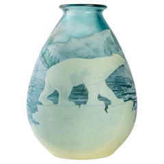 1925 Emile Gallé Vase Ours Polaires Cameo Overlaid Glass Acid-Etched Polar Bears