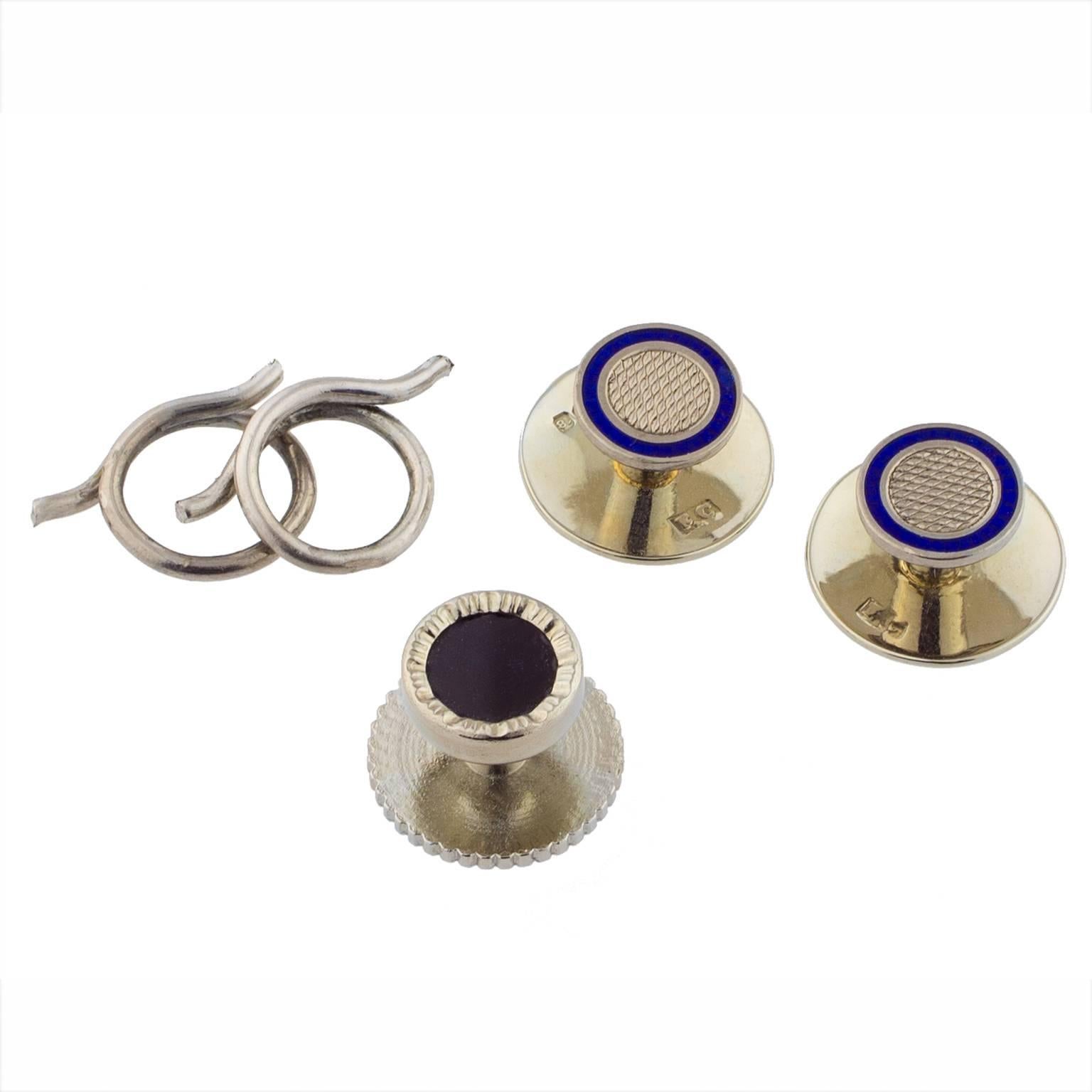 Art Deco 1925 English 18 Karat White Gold and Enamel Button Set Cufflinks  For Sale