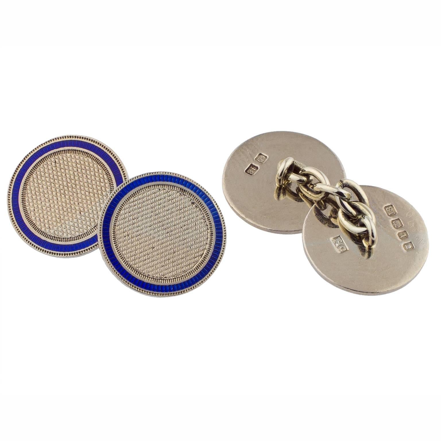 1925 English 18 Karat White Gold and Enamel Button Set Cufflinks  For Sale