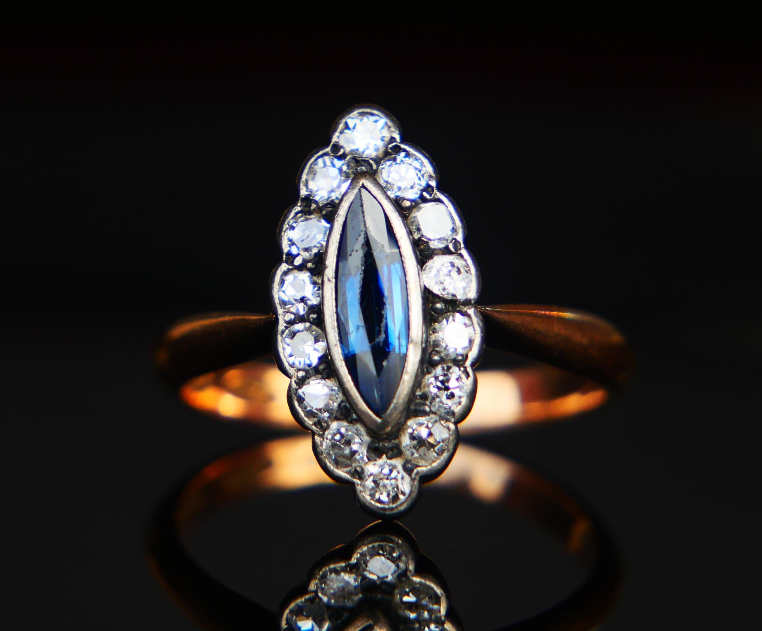 1925 Finnischer Ring natürlicher 1ct Saphir 0.84ct Diamanten 18K Gold ØUS 6.75/3.7gr (Art déco)