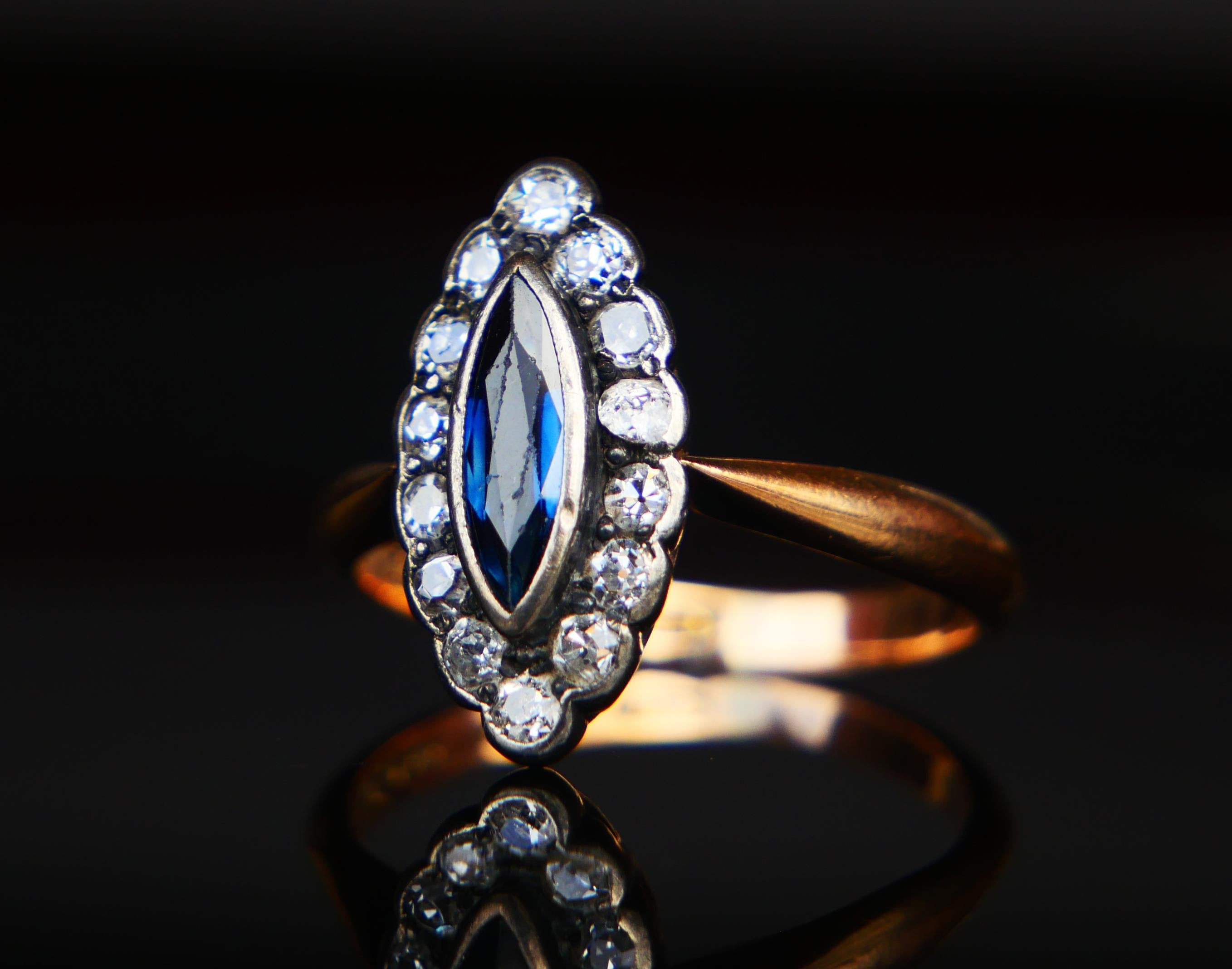 1925 Finnischer Ring natürlicher 1ct Saphir 0.84ct Diamanten 18K Gold ØUS 6.75/3.7gr (Marquiseschliff)