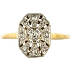 1925 French Art Deco 18 Karat White Yellow Gold Diamond Hexagon Shaped Ring