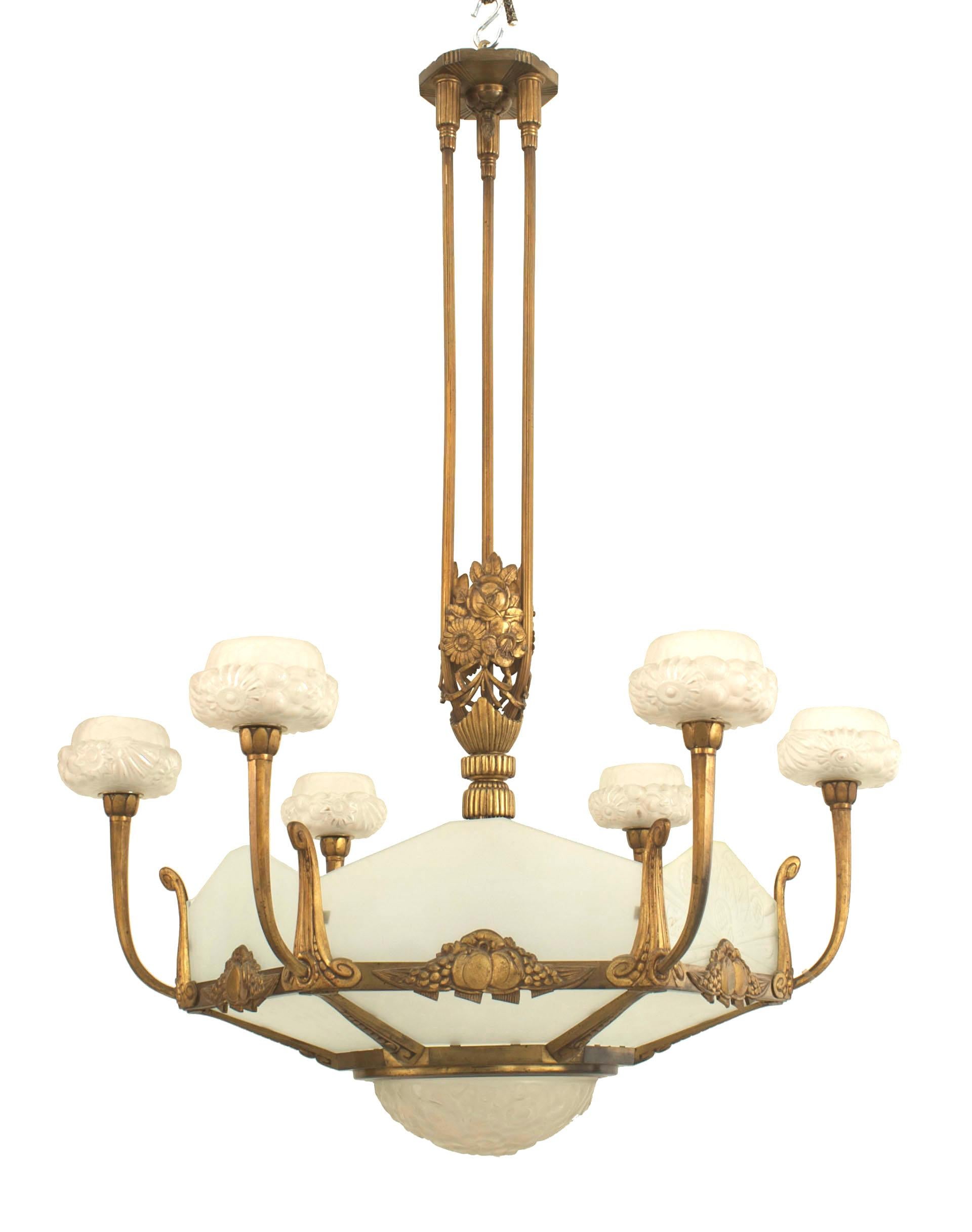 French Art Deco (circa 1925) gilded bronze 6 sided frosted (new) glass chandelier with 6 floral design pressed glass shades and center bowl bottom. (by GENET & MICHON).
  