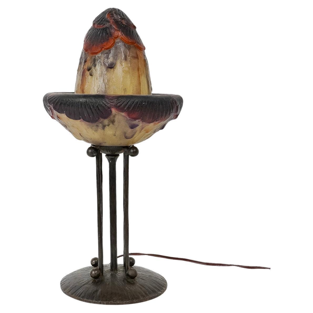 1925 Gabriel Argy Rousseau Nightlamp Exotic Foliage Pate De Verre Glass For Sale