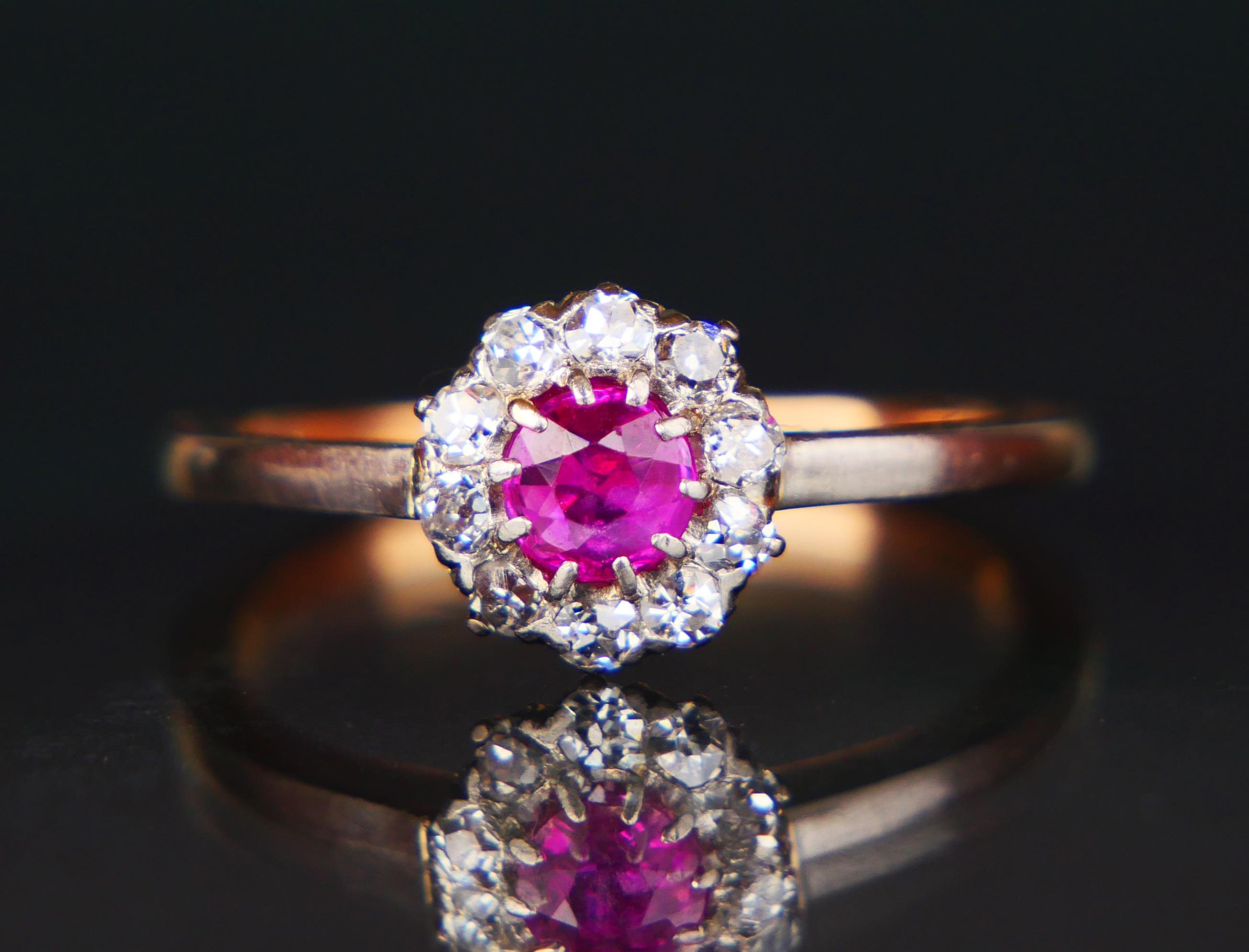 Beautiful 99 years old Swedish Halo Ring with parts in solid 18K Yellow Gold and Platinum.

Claw set Natural Ruby of old European diamond cut :  Ø 4.5 mm x 2.75 mm deep / ca. 0.5 ct , color is medium Rose Red , demonstrates internal structures
