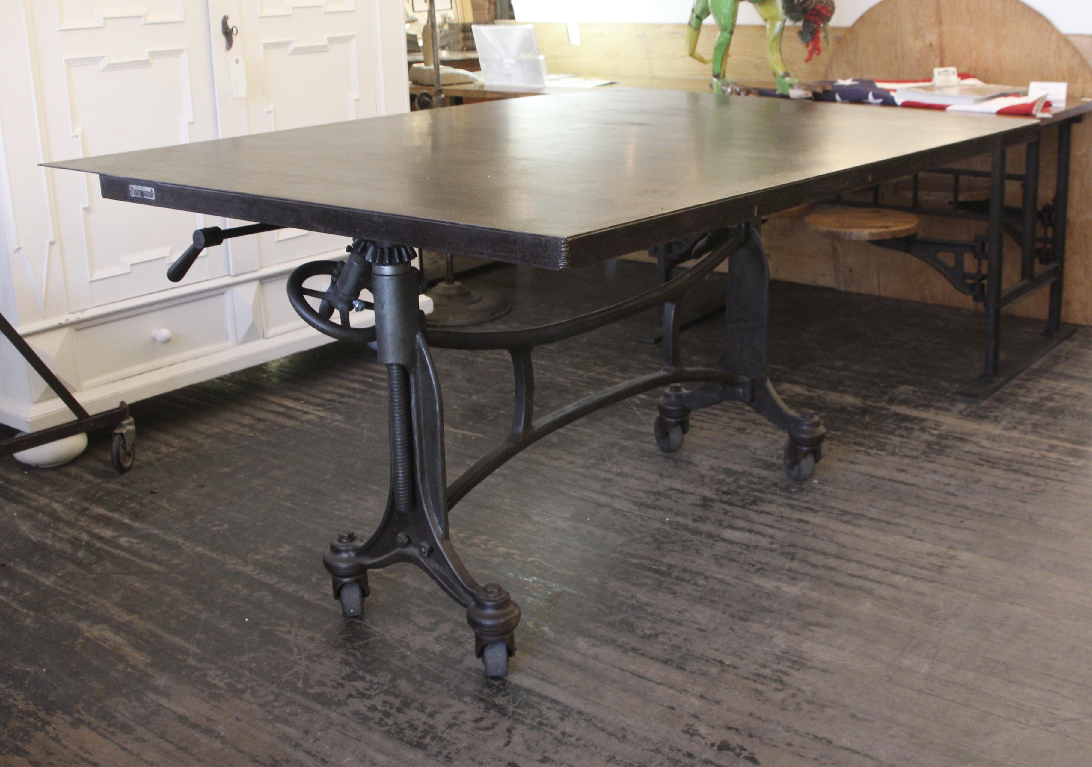 Industrial 1925 Hamilton Printer's Flat Top Table with Cast Iron Base and Steel Top