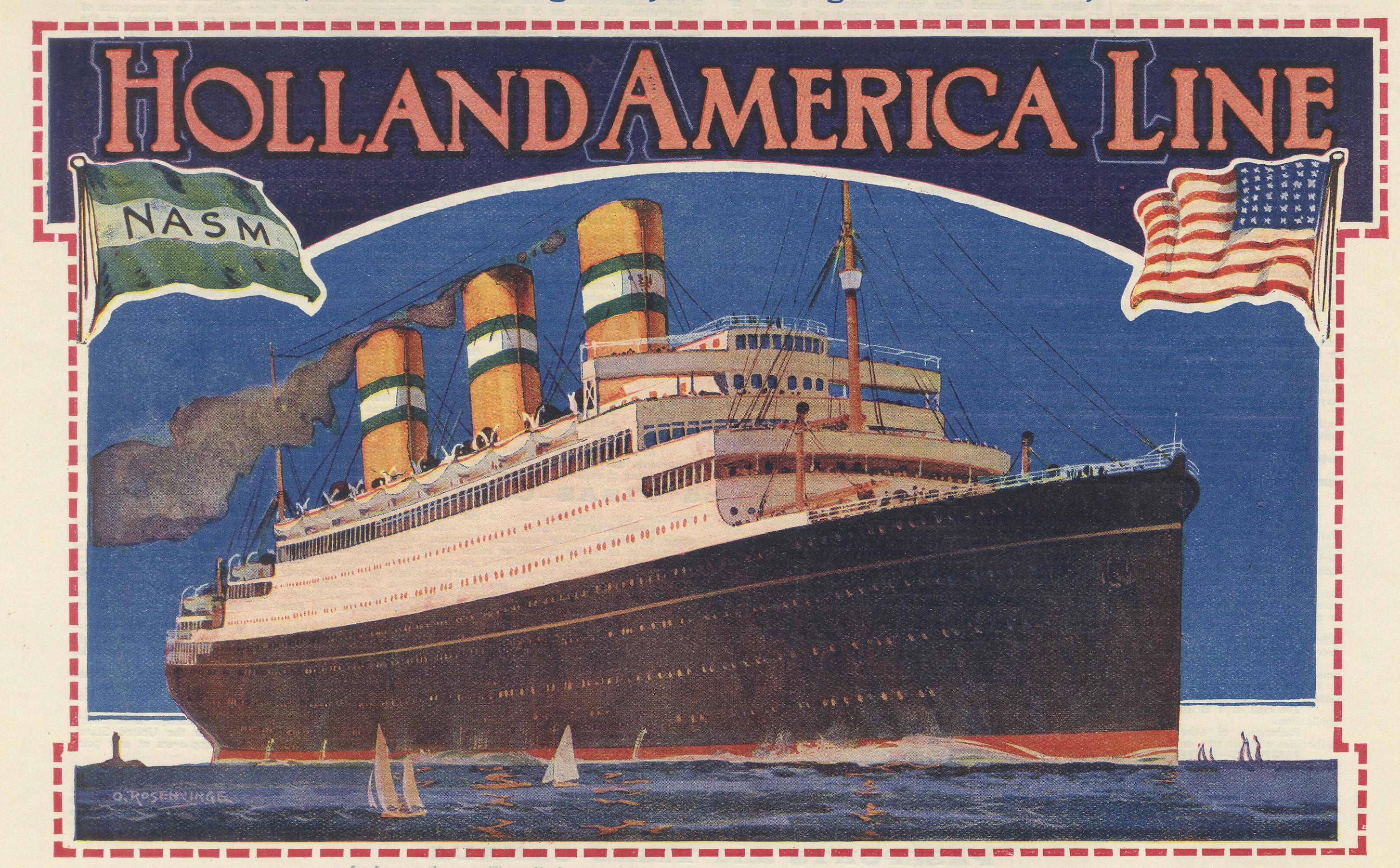 Dieses Bild ist ein Originalplakat der Holland America Line vom 1. Juli 1925. Sie wirbt für den transatlantischen Dampfschiffverkehr von Southampton, England, nach New York, USA, über Halifax, Kanada. Auf dem Plakat ist die S.S. prominent vertreten.