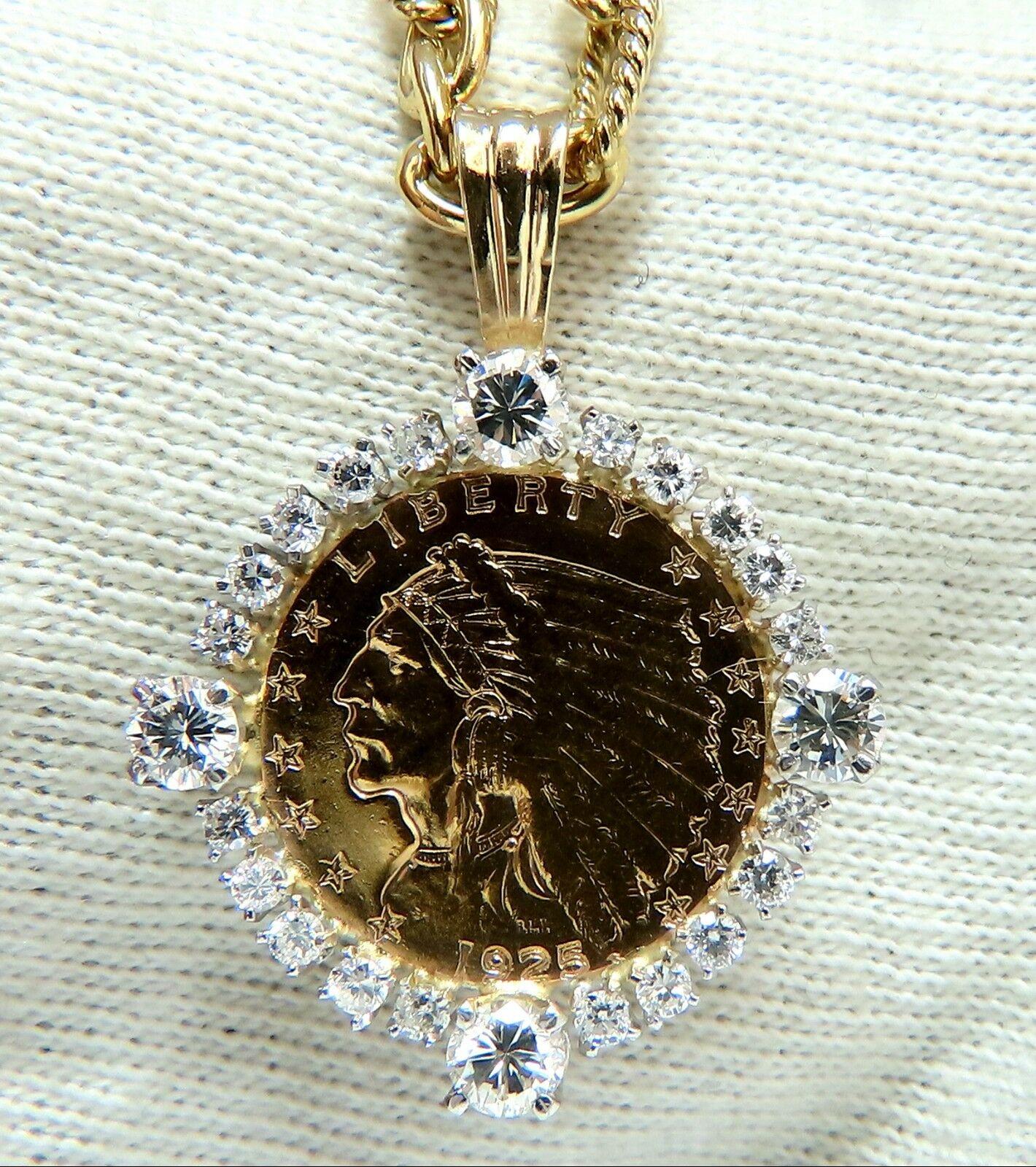 Round Cut 1925 Indian Head $2.5 1.65 Carat Diamonds Coin Necklace 18 Karat