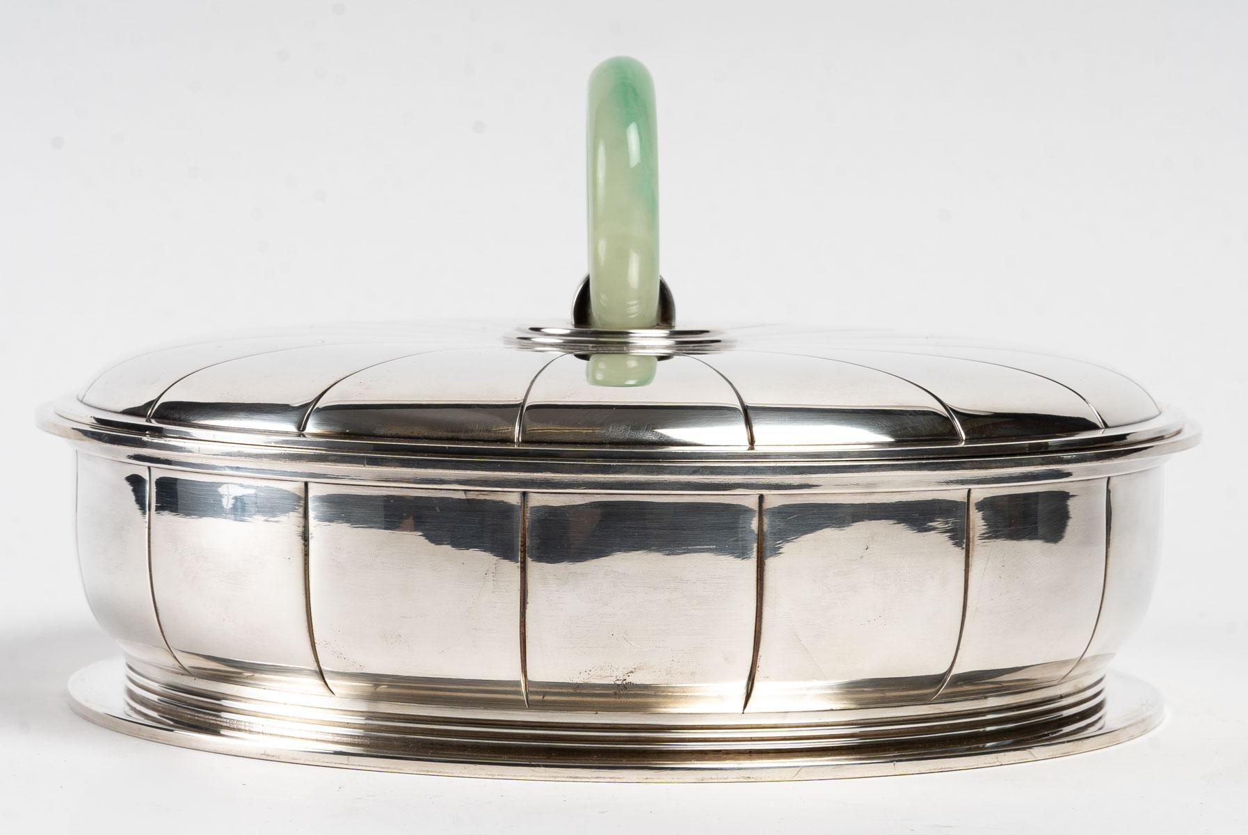 Early 20th Century 1925 Jean Puiforcat, Turteen Box in Sterling Silver and Jadeite Ring Finial