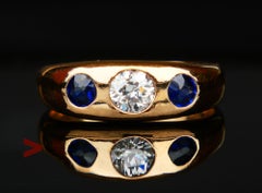 1925 Men Lord Ring 0.5ct Diamond 0.8ctw Sapphires solid 18K Gold ØUS10 / 8.3 gr
