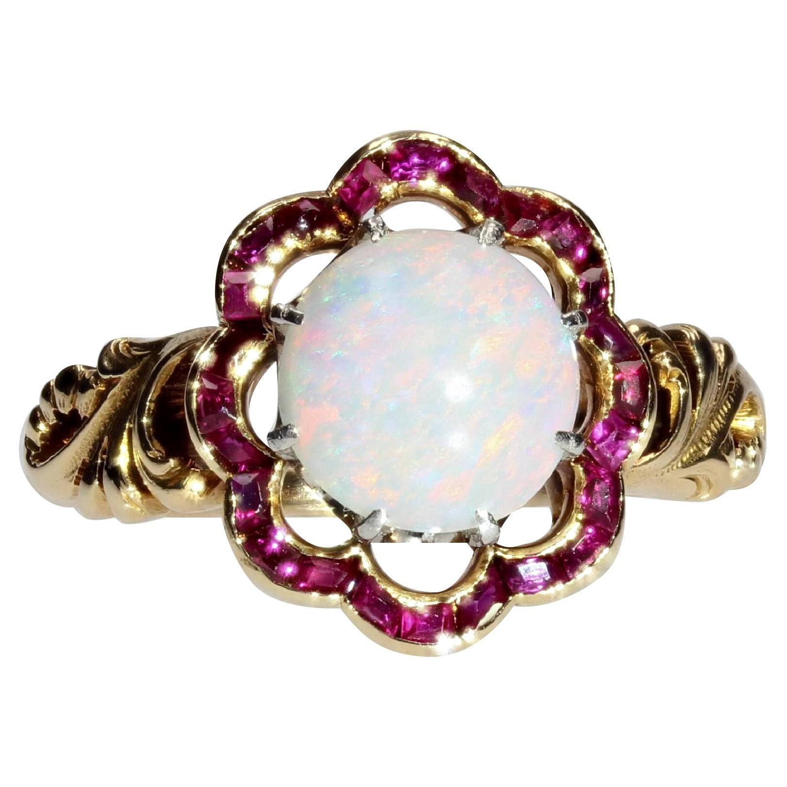 1925 Opal Calibrated Ruby 18 Karat Yellow Gold Ring For Sale