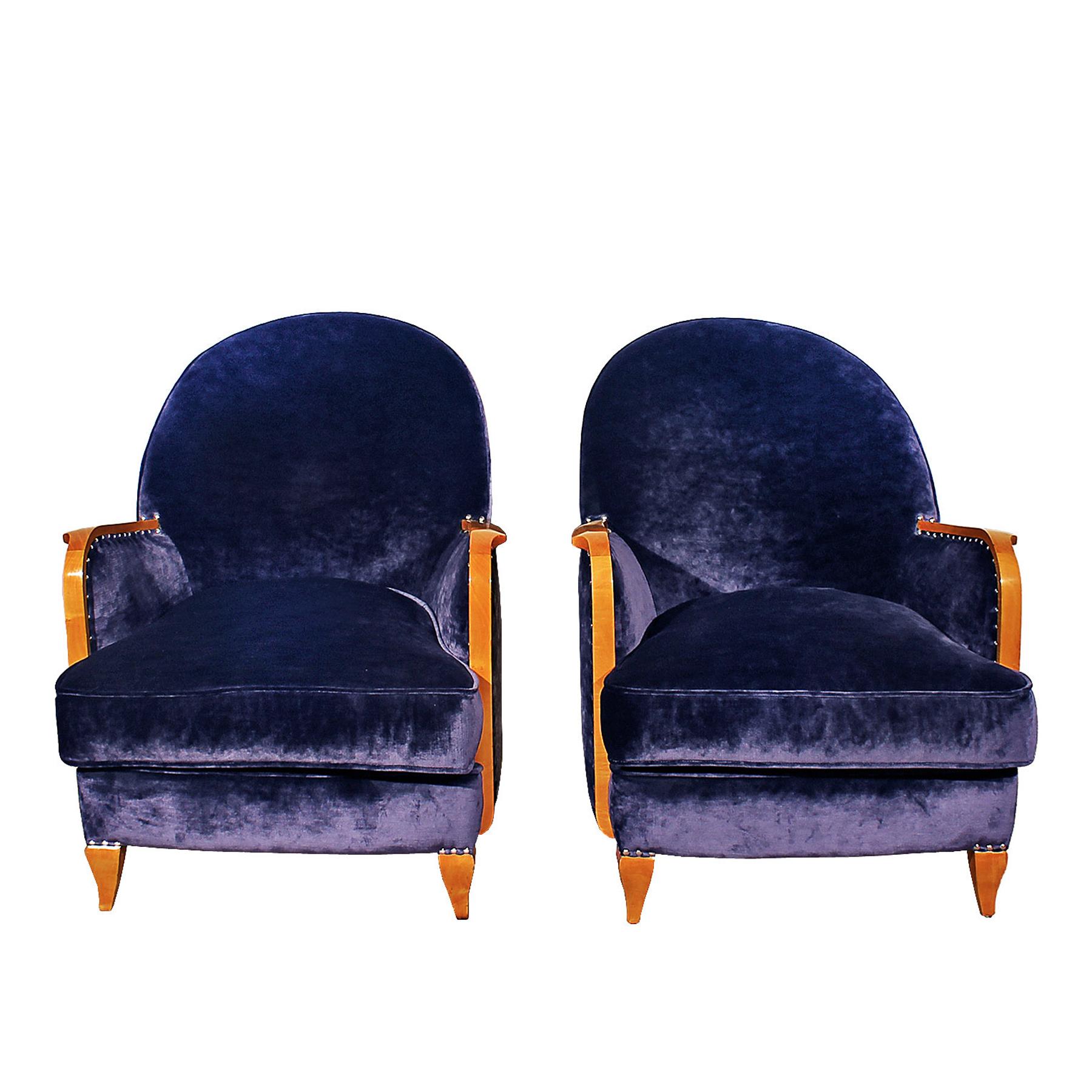 French 1925 Pair of Small Art Deco Armchairs, Sycamore, Velvet, France