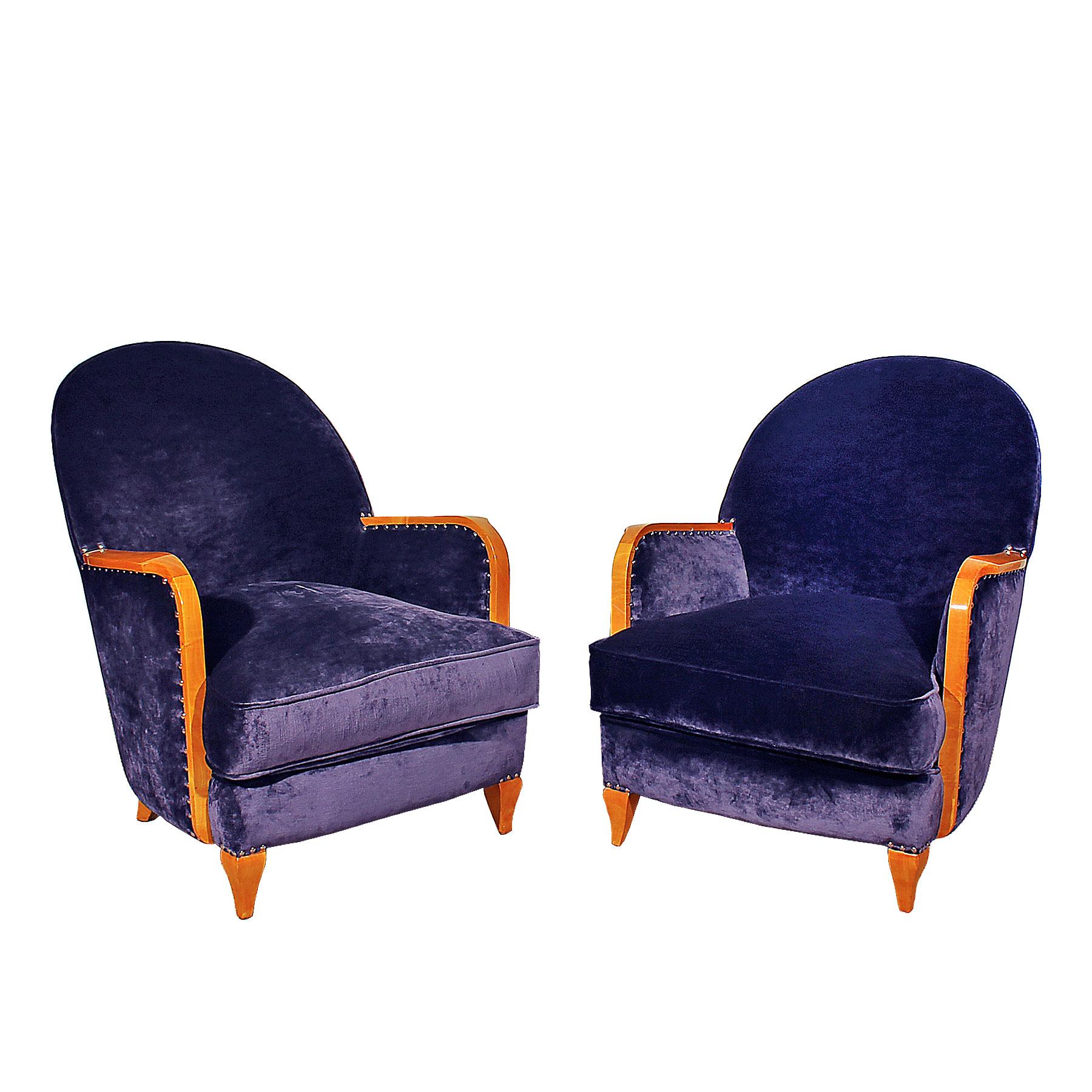 1925 Pair of Small Art Deco Armchairs, Sycamore, Velvet, France In Good Condition In Girona, ES