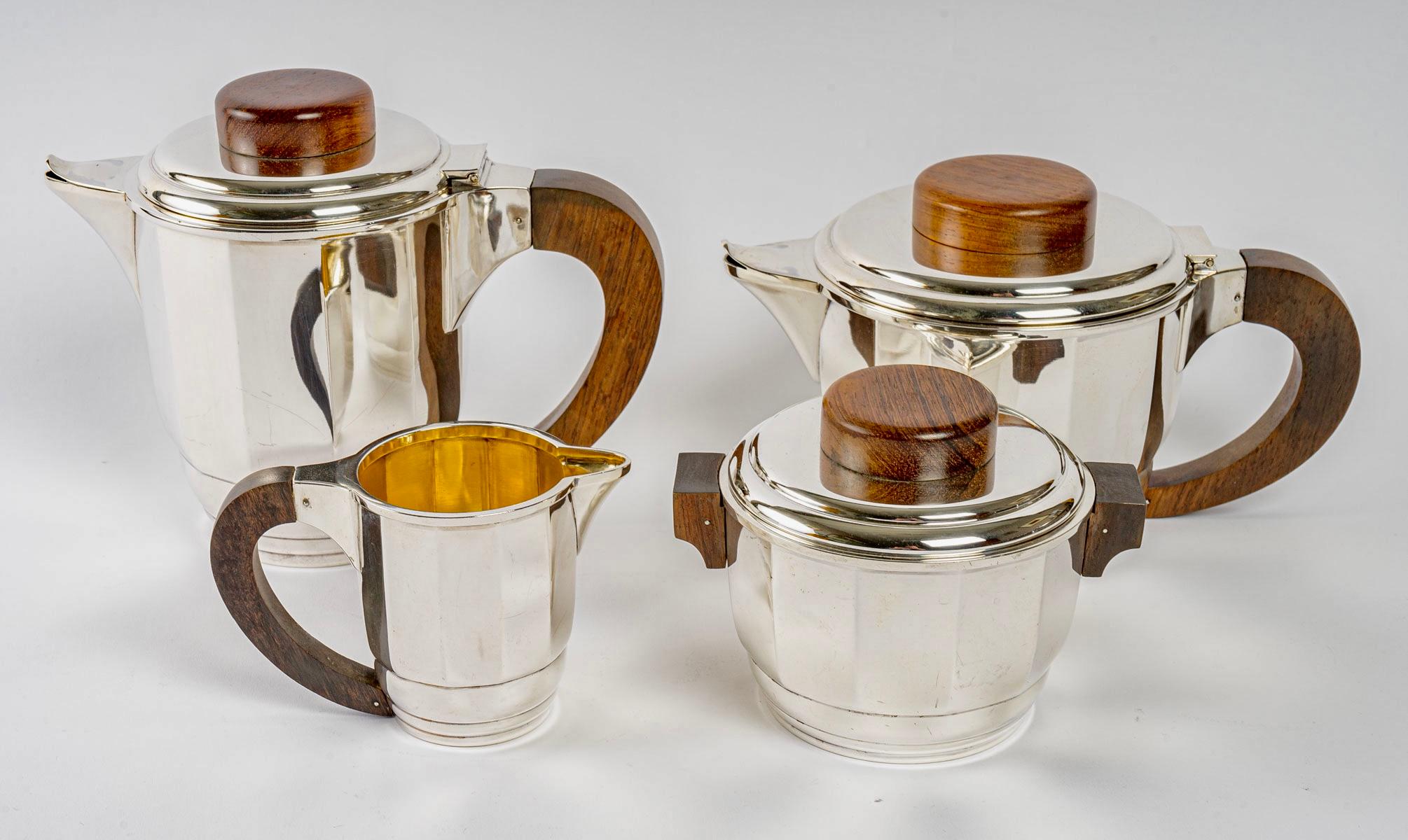 French 1925 Puiforcat Art Deco Tea and Coffee Set in Sterling Silver and Rosewood For Sale