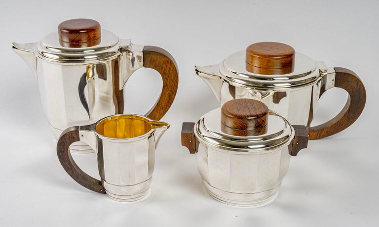 Art Deco 1925 Puiforcat, Tea and Coffee Set in Sterling Silver and Rosewood For Sale