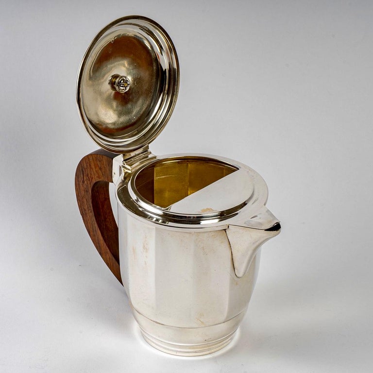 1925 Puiforcat, Tea and Coffee Set in Sterling Silver and Rosewood For Sale 1