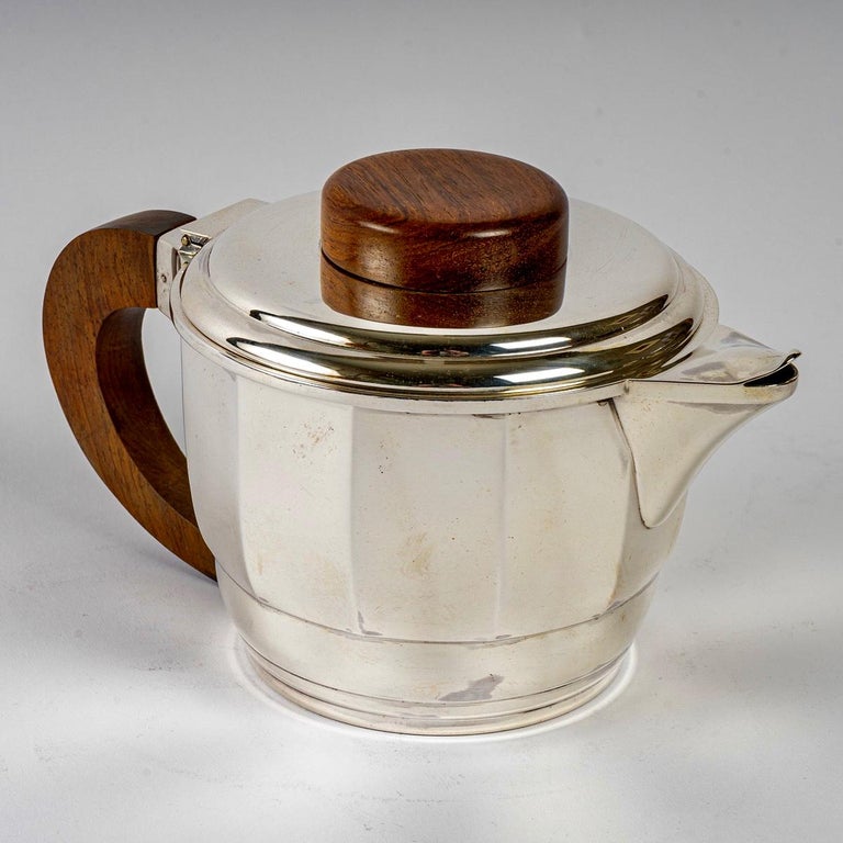 1925 Puiforcat, Tea and Coffee Set in Sterling Silver and Rosewood For Sale 2